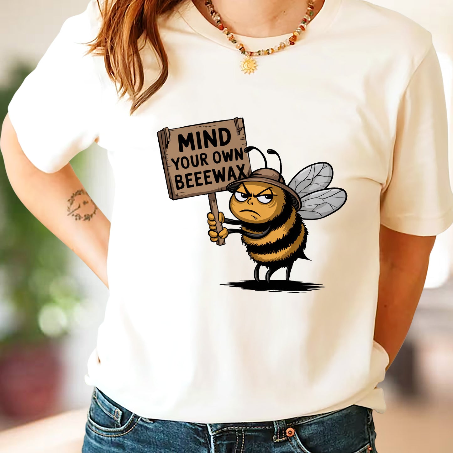 Funny Bee Shirt – Mind Your Own Beewax Tee – Sarcastic Animal Humor T-Shirt for Adults - Natural - Up To 5XL