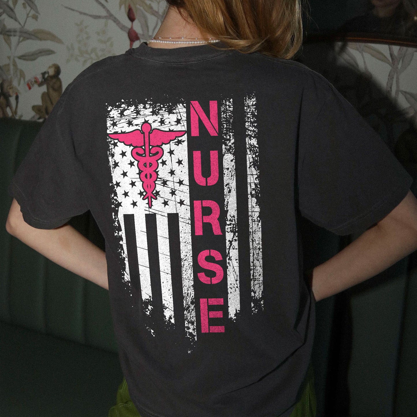 Patriotic Nurse USA Flag T-Shirt – Grunge Style Medical Caduceus Tee - Black - Up To 5XL