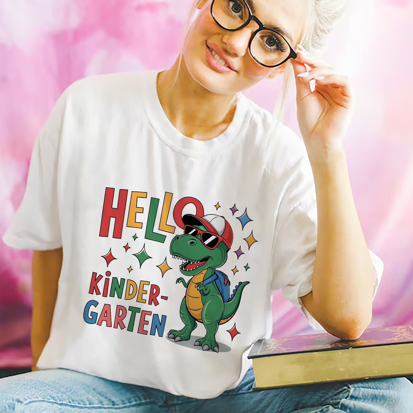 Hello Kindergarten Dinosaur Shirt – First Day of School Tee – Back To School Outfit – White – Up To 5XL