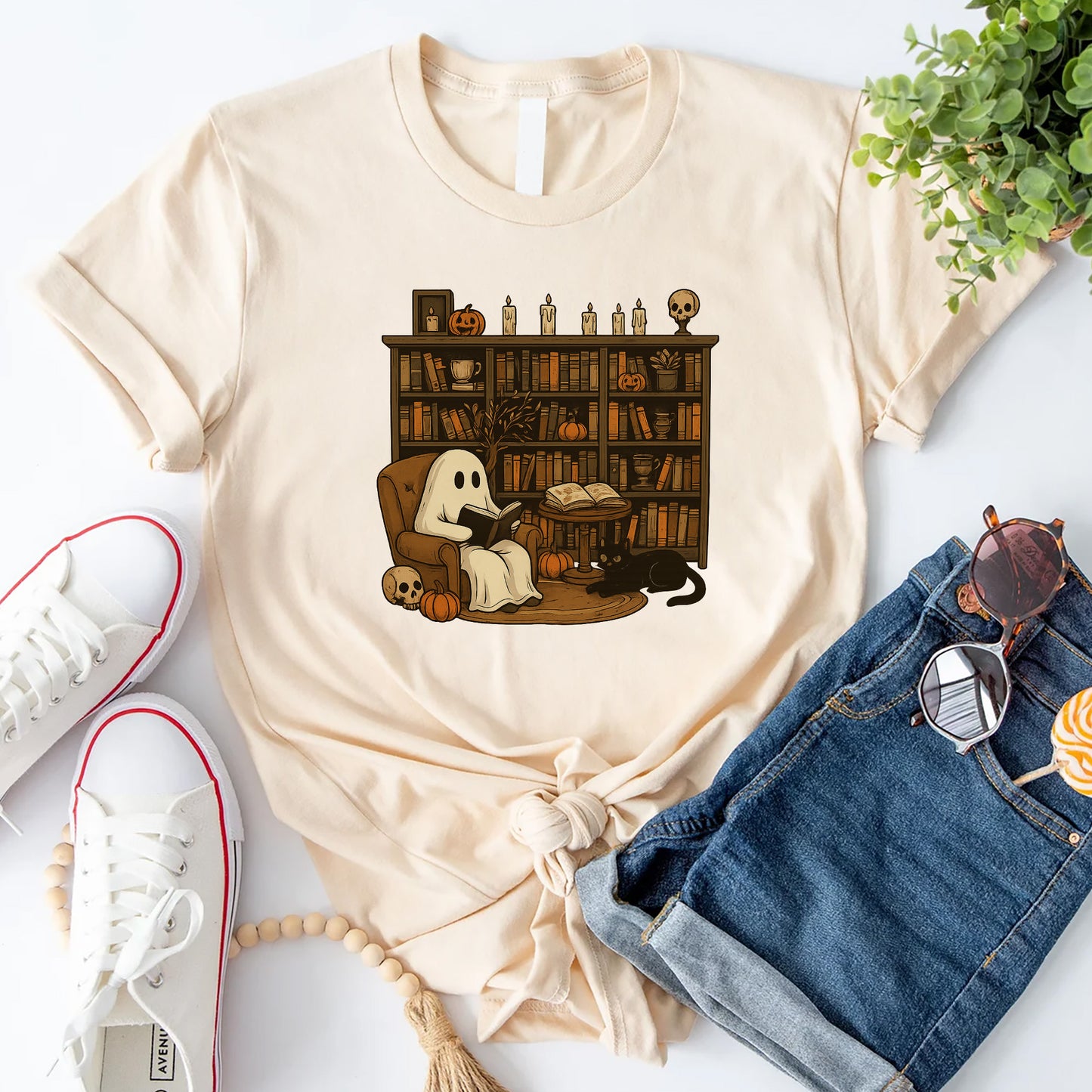 Cute Spooky Reader Tee – Ghost Book Halloween Shirt – Natural – Up To 5XL