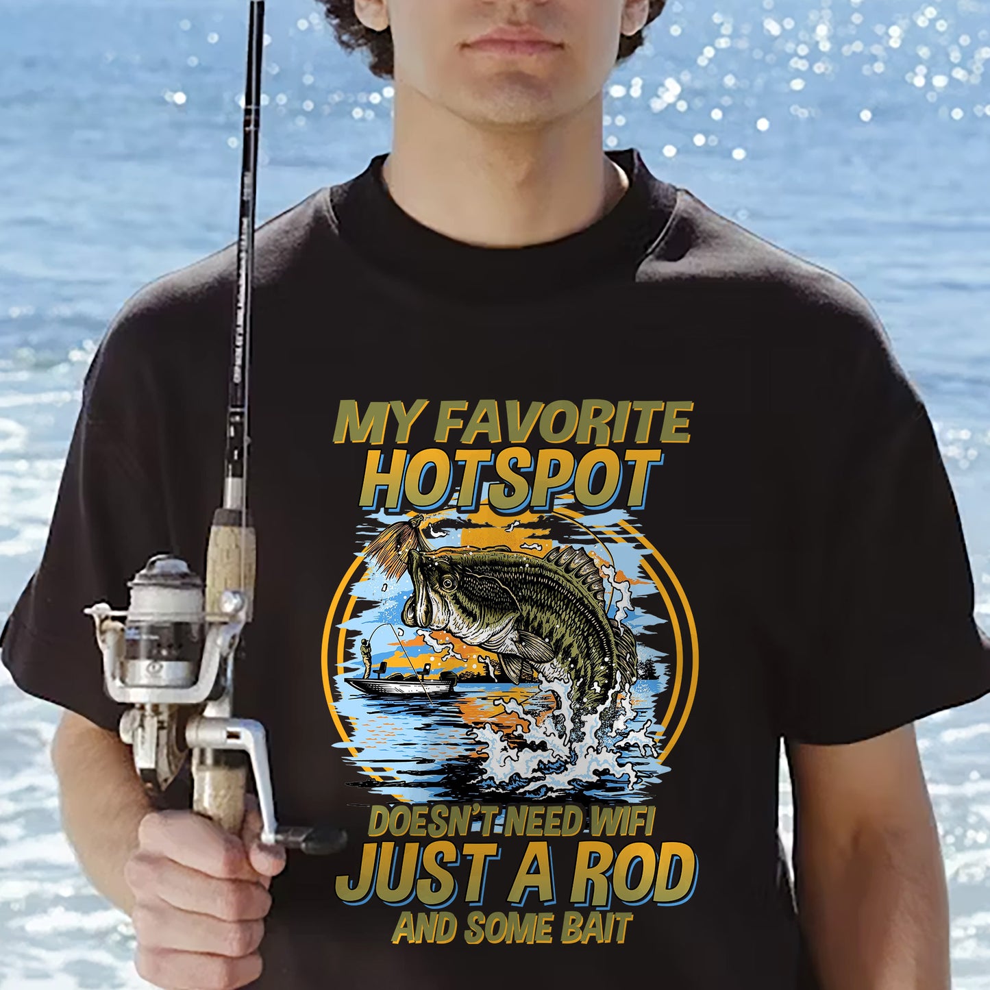 Fishing Humor Shirt – Favorite Hotspot No WiFi Rod and Bait Tee – Funny Fisherman Gift – Black – Up To 5XL