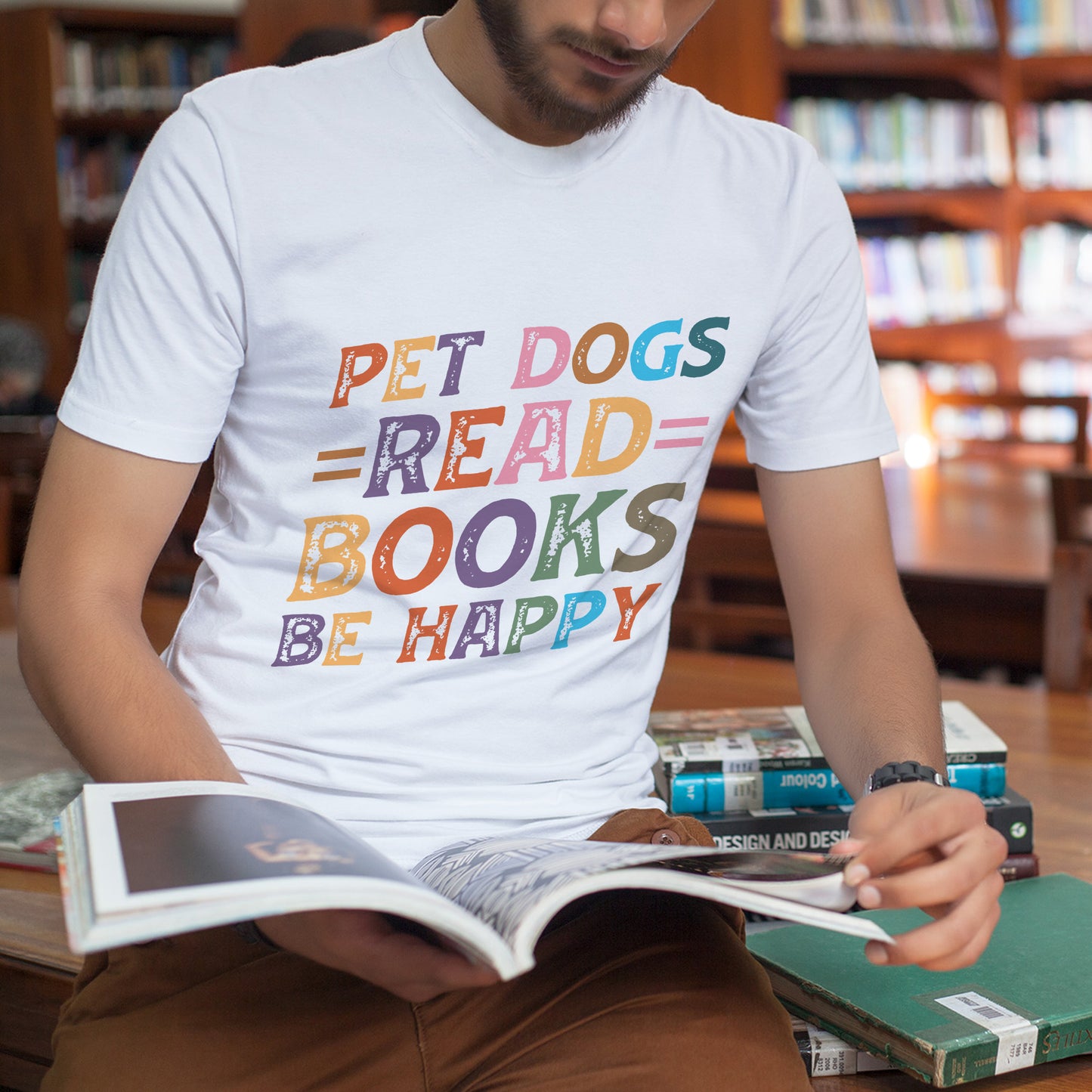 Bookish Dog Shirt – Pet Dogs Read Books Be Happy Tee – Dog Lover Reading Aesthetic – White – Up To 5XL