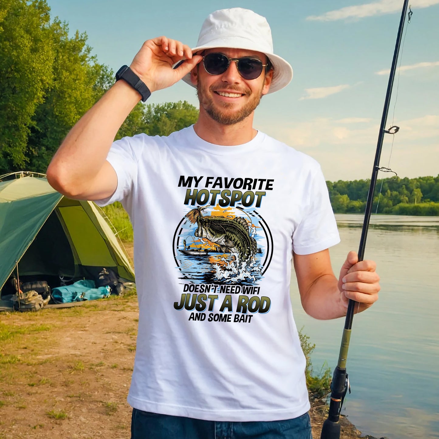 Fishing Humor Shirt – Favorite Hotspot No WiFi Rod and Bait Tee – Funny Fisherman Tee – White – Up To 5XL