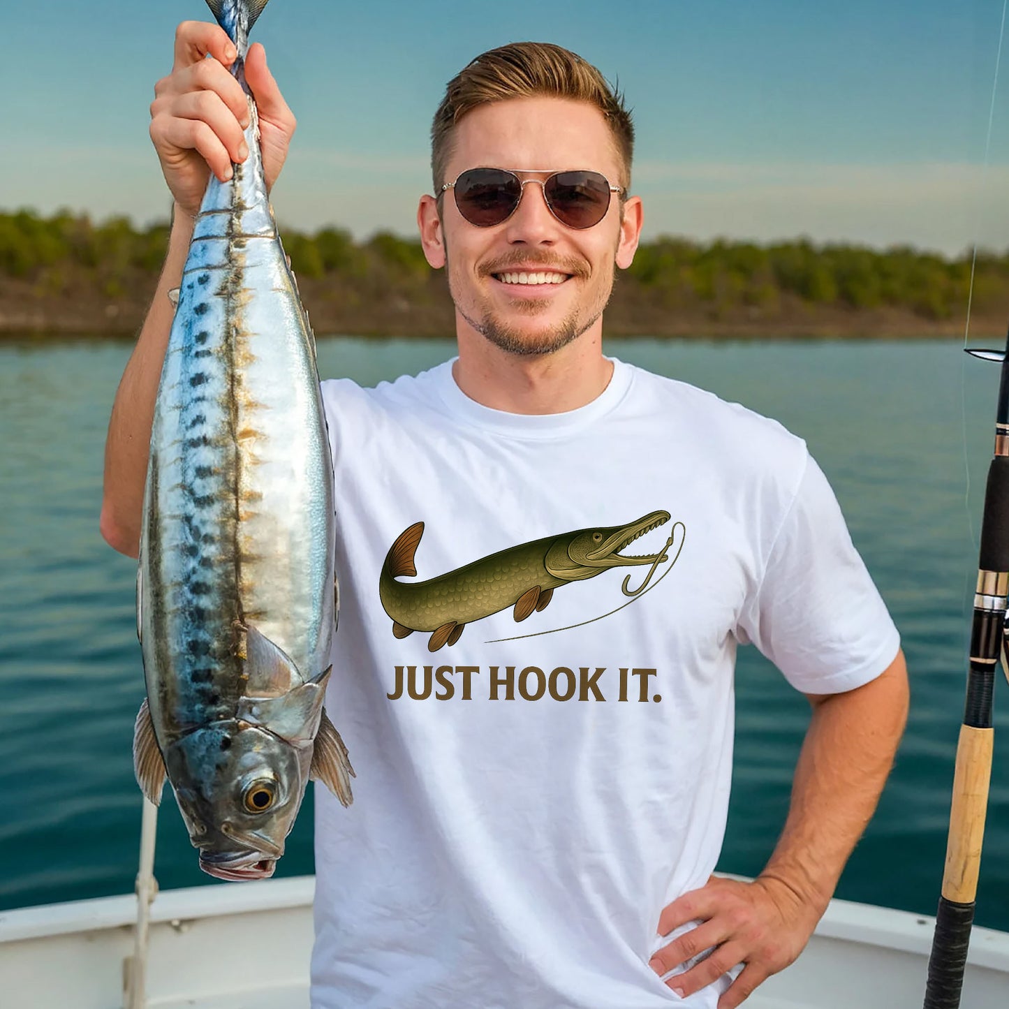 Just Hook It Shirt – Alligator Gar Fishing Tee – White – Up To 5XL