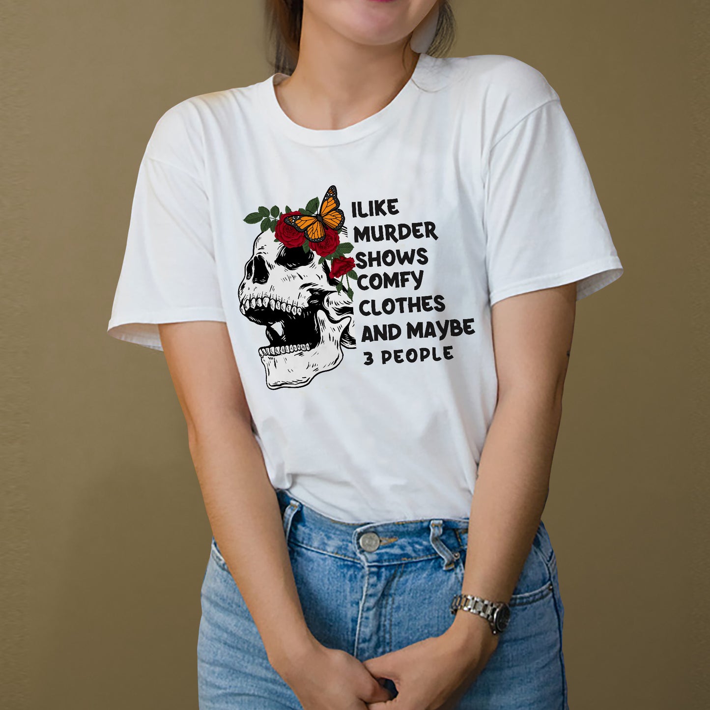Inappropriate Funny Shirt – I Like Murder Shows and Maybe 3 People Tee – Dark Humor Shirt for Women - White - Up To 5XL