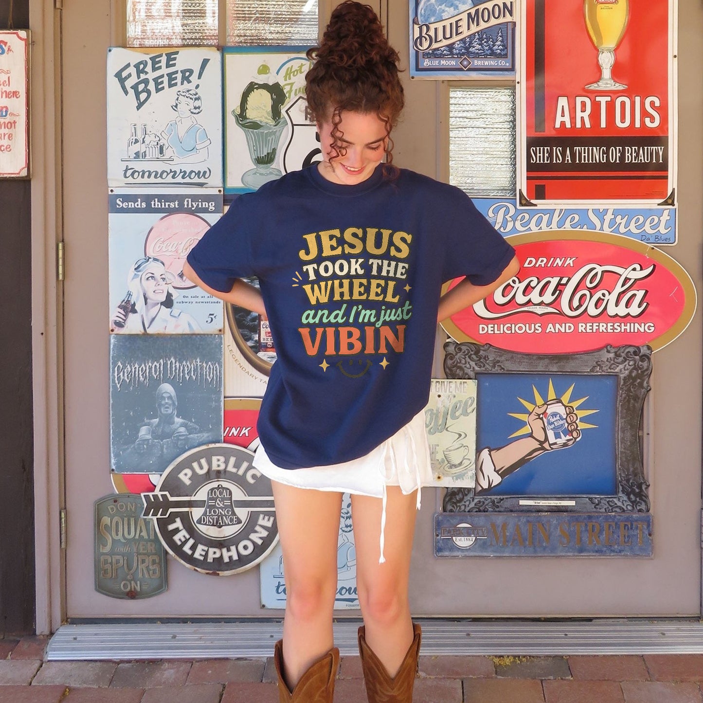 Jesus Took The Wheel and I’m Just Vibin’ T-Shirt - Funny Jesus Shirt For Christians- Navy- Up To 5XL