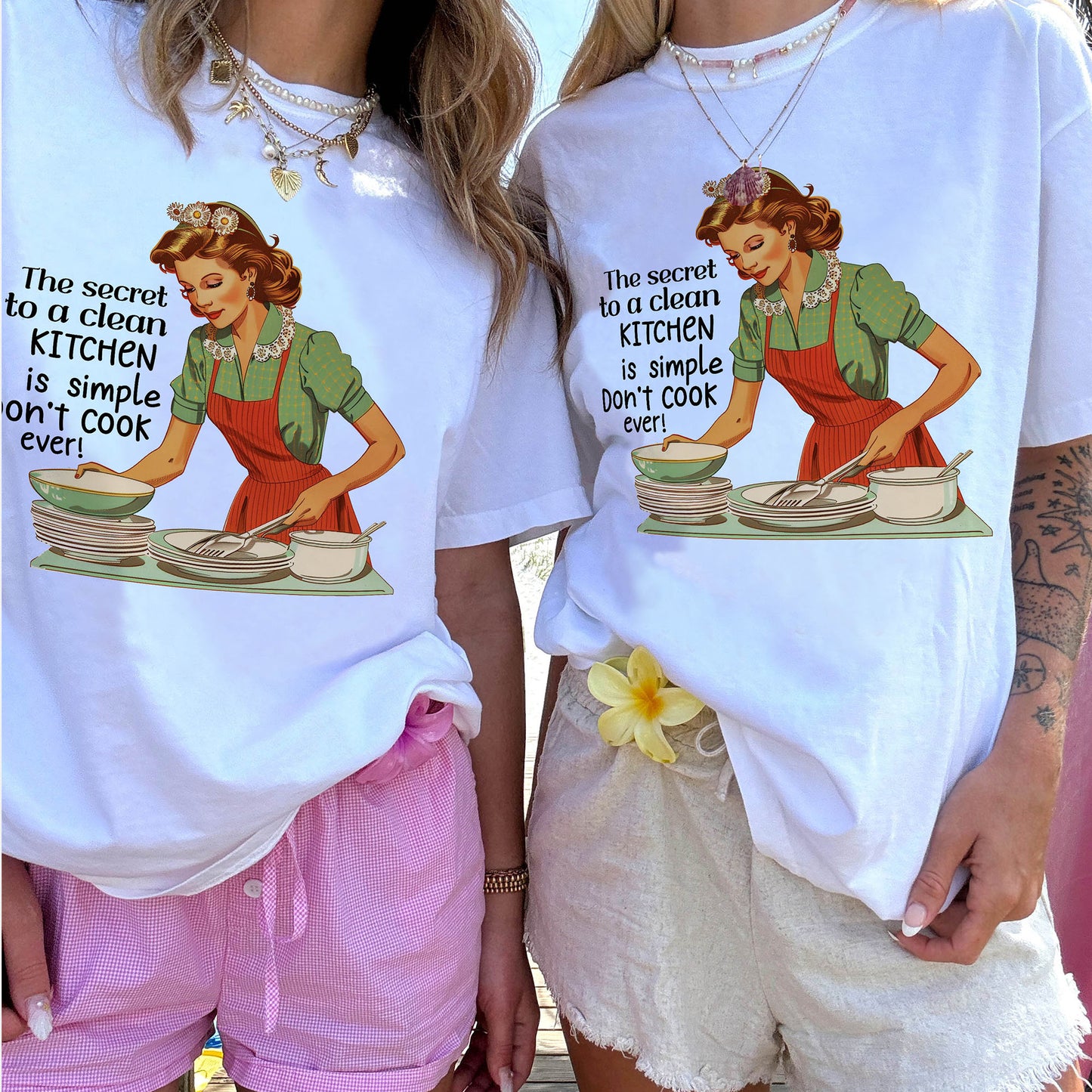 The Secret of a Clean Kitchen Is Simple Don’t Cook Ever T-Shirt – Funny Women Sarcastic Tee - White - Up To 5XL