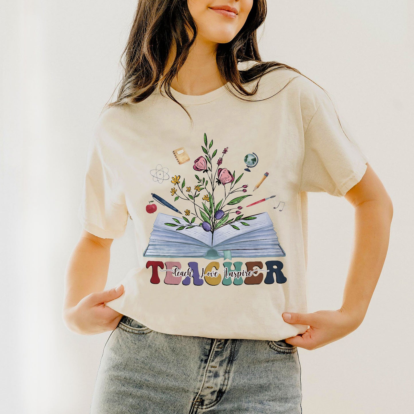 Teach Love Inspire Teacher T-Shirt - Funny Shirt For Teacher - Natural - Up To 5XL