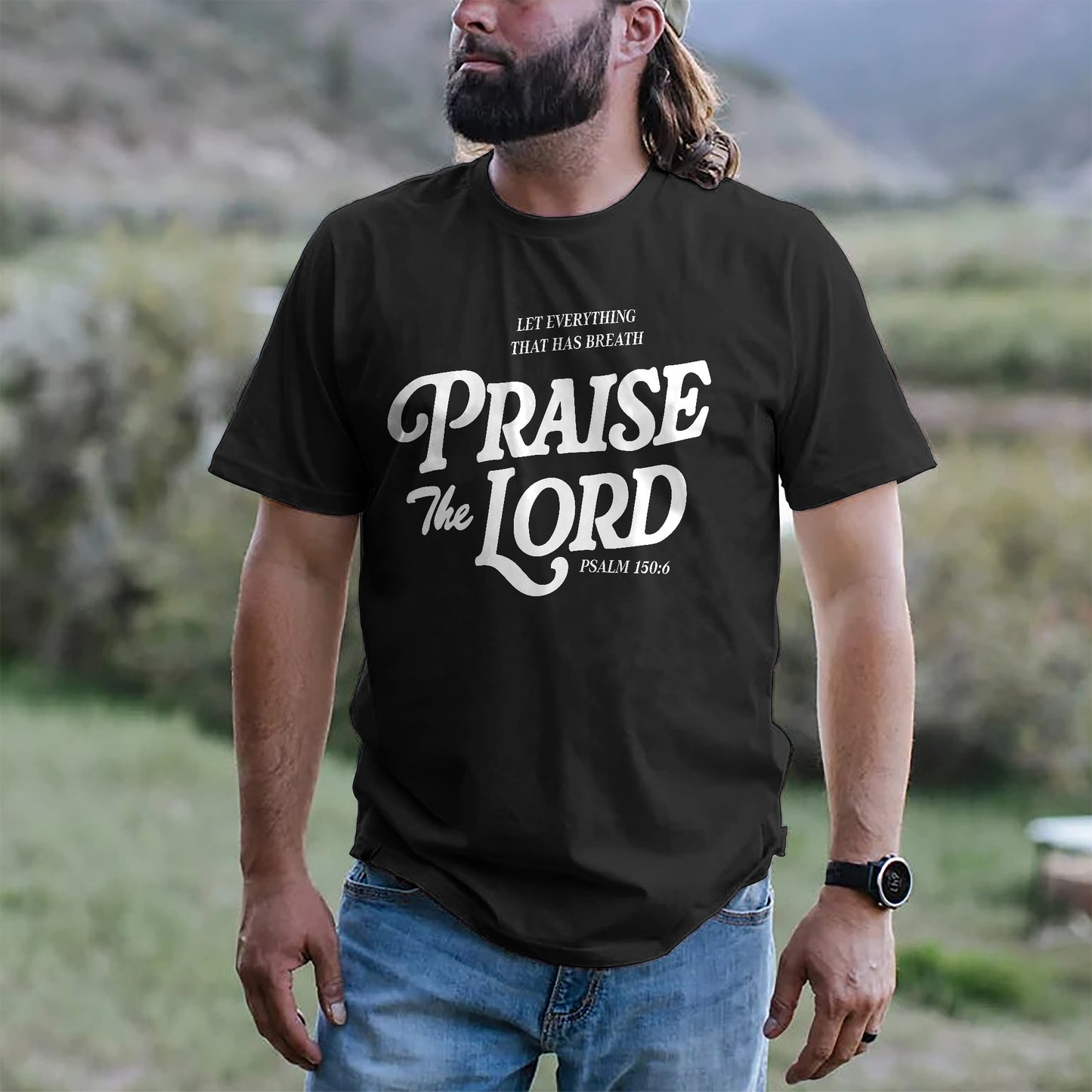 Bible Verse Shirt – Let Everything That Has Breath Praise the Lord – Worship Faith Tee – Black – Up To 5XL