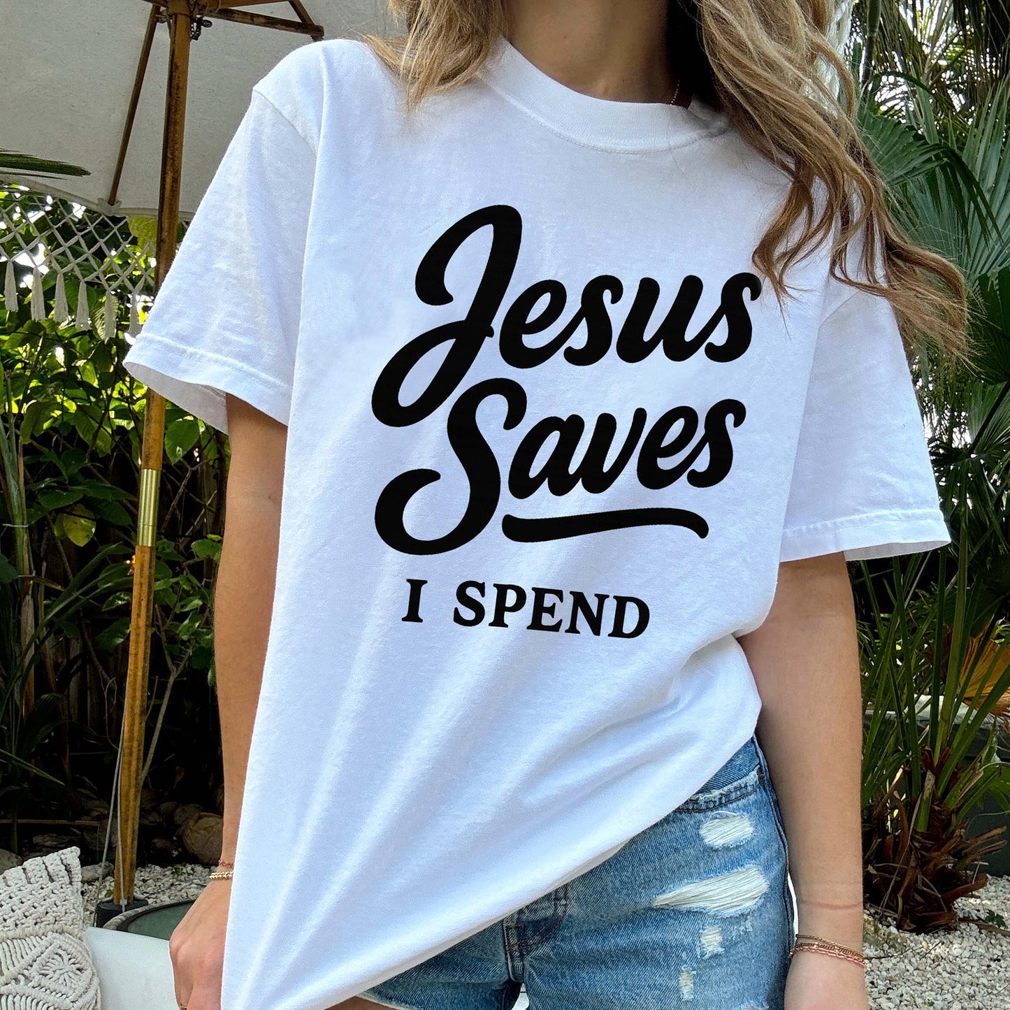Jesus Saves I Spend T-Shirt - Funny Jesus Shirt For Christians- White- Up To 5XL