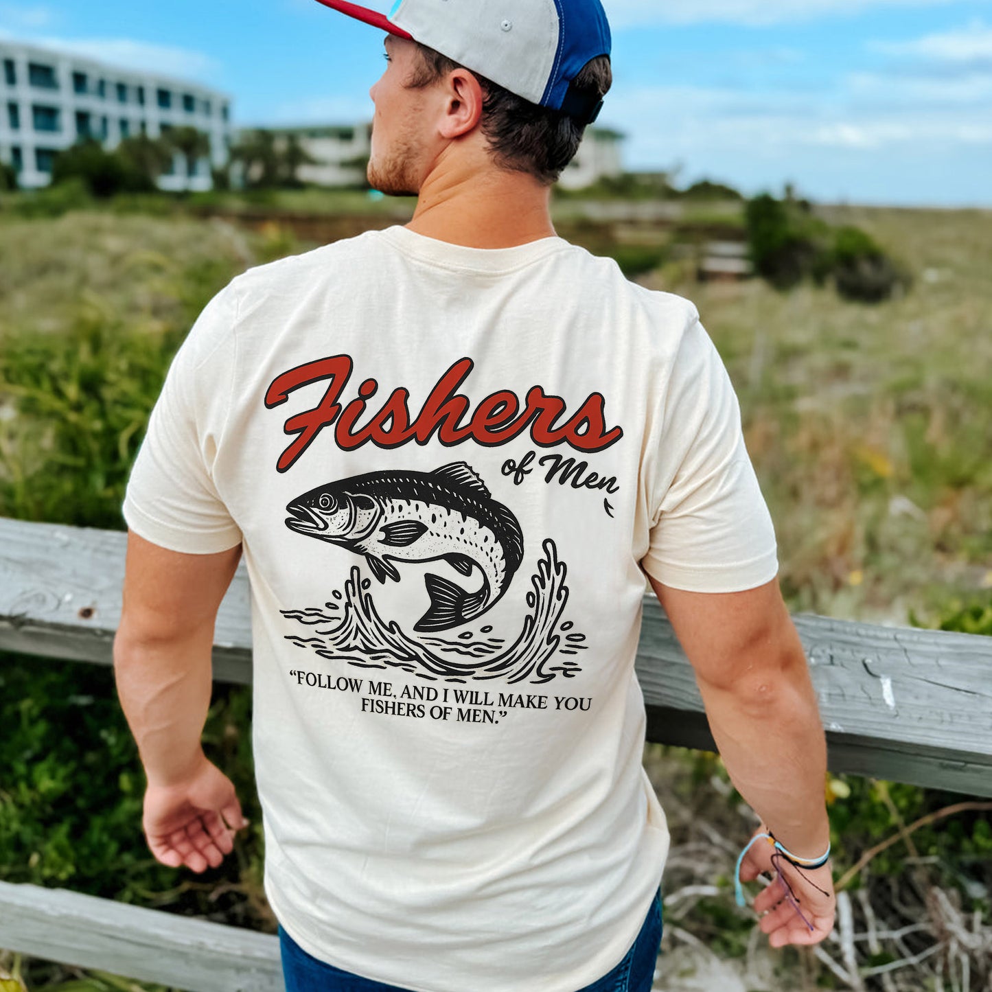 Fishers of Men Shirt – Faith-Based Christian Fishing Tee – Matthew 4:19 Shirt – Natural – Up To 5XL