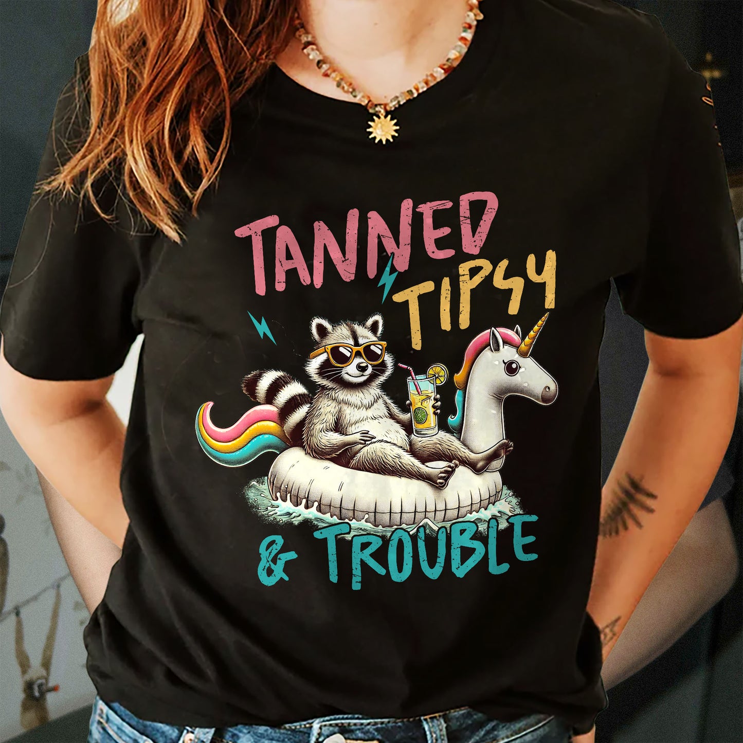 Summer Party Shirt – Tanned Tipsy and Trouble – Funny Raccoon Meme Beach Tee – Black – Up To 5XL