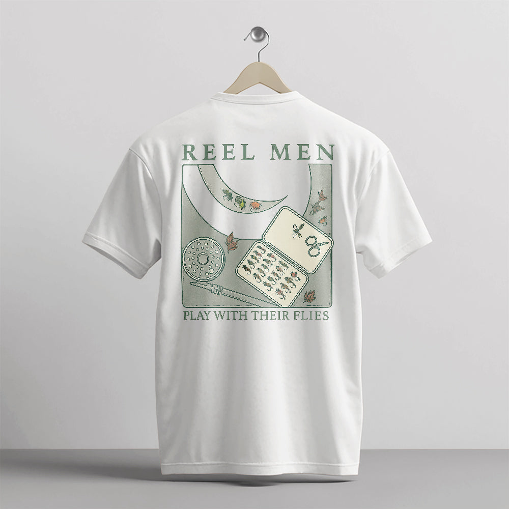Vintage Reel Men Play With The Flies Shirt – Funny Fly Fishing Tee – Fisherman Humor Gift – White – Up To 5XL