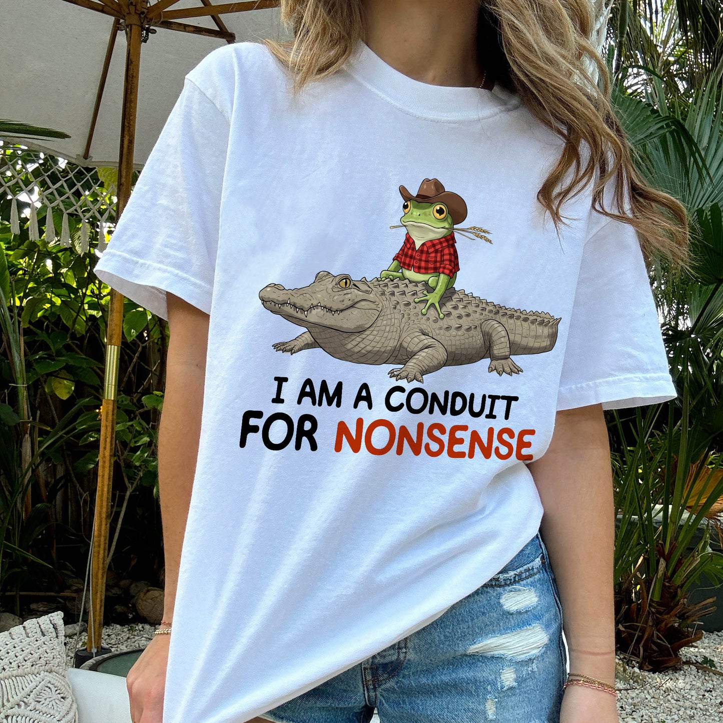 Funny Frog Shirt – I Am a Conduit for Nonsense Tee – Frog and Alligator Meme Shirt - White - Up To 5XL