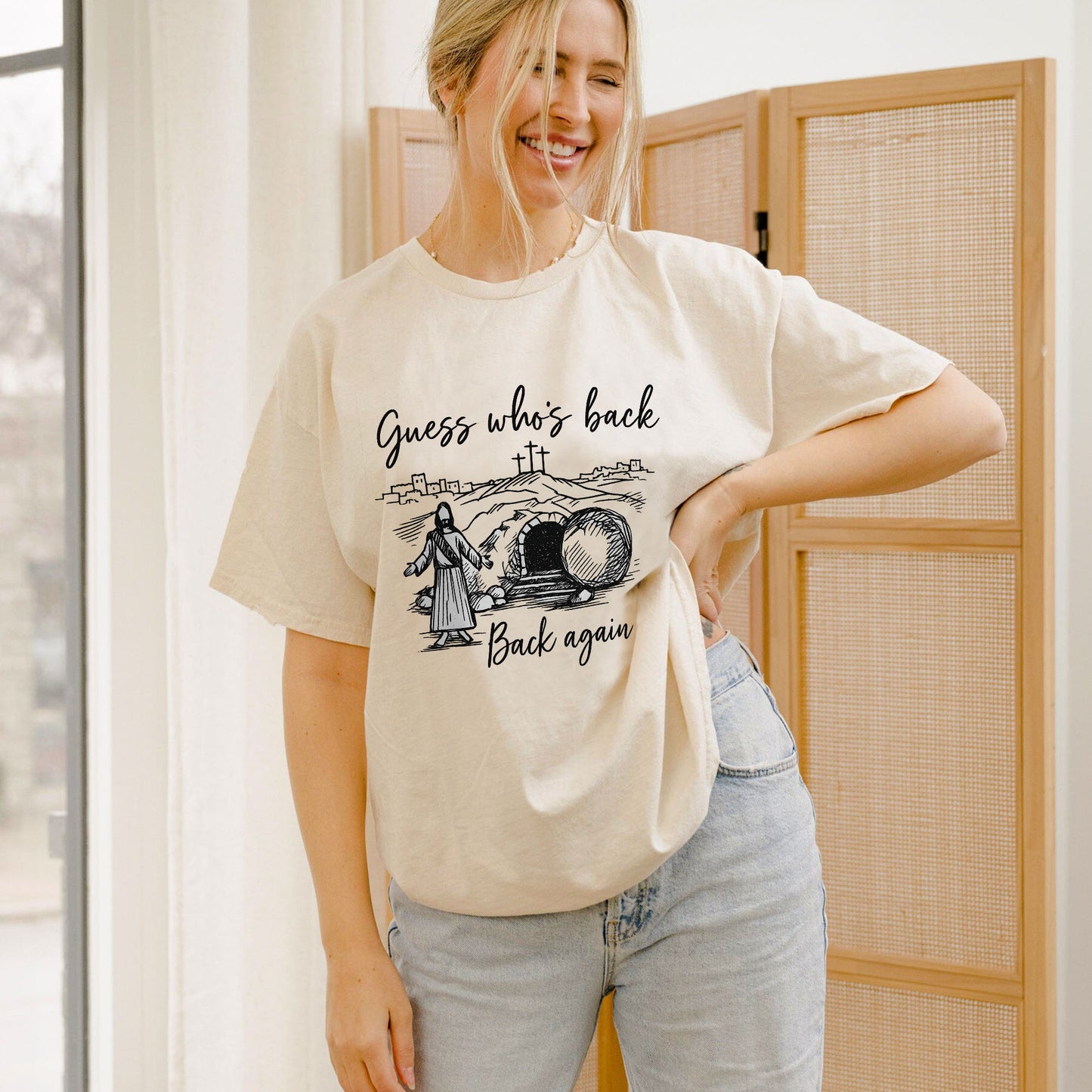 Guess Who’s Back? Back Again T-Shirt- Funny Jesus Shirt For Christians- Sand- Up To 5XL