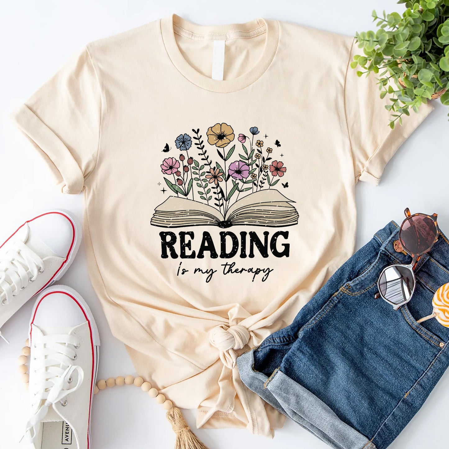 Book Lover Shirt – Reading Is My Therapy Book Flowers Tee – Funny Reader Gift – Natural – Up To 5XL