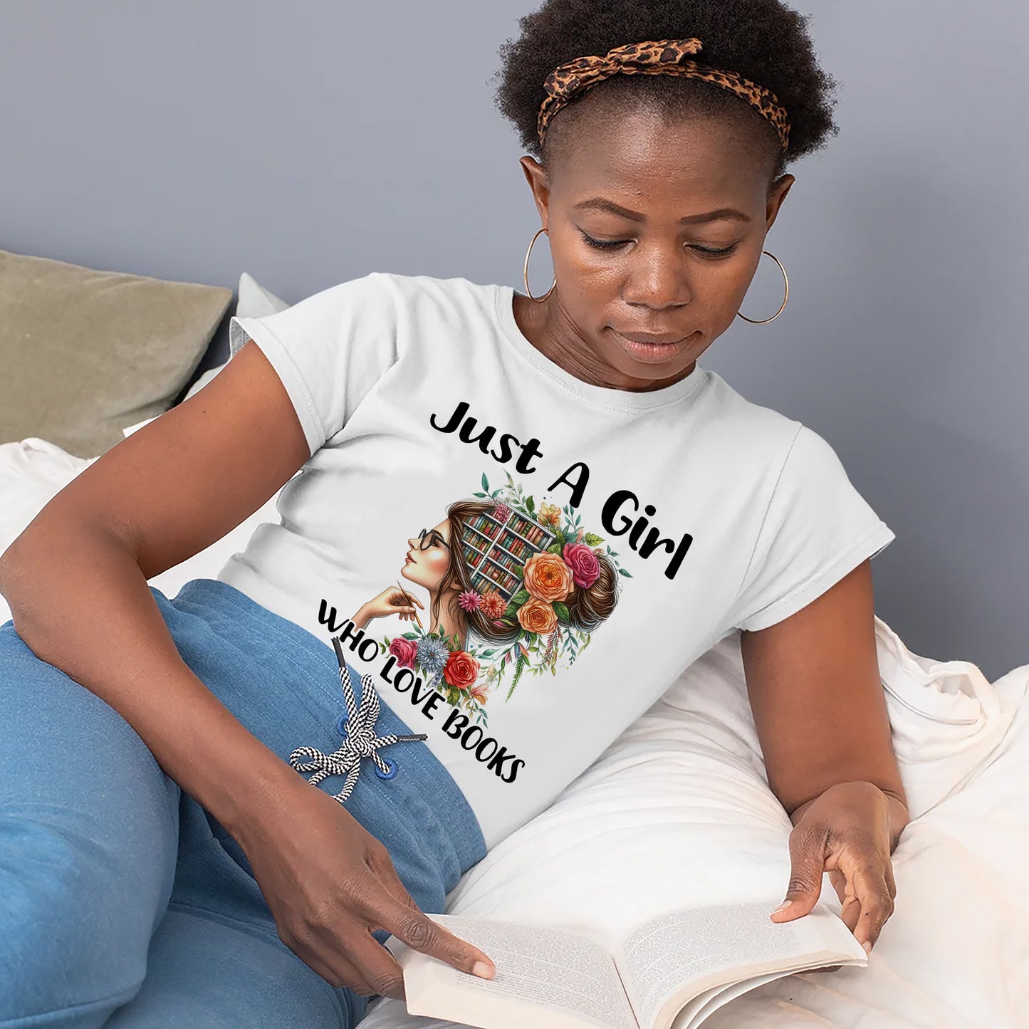 Reading Shirt – Just A Girl Who Loves Books Tee – Book Lover Gift for Women – Bookworm Aesthetic – White – Up To 5XL