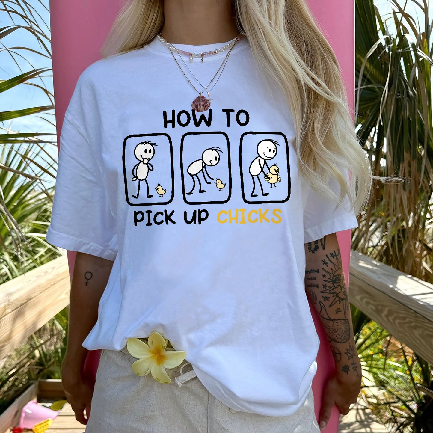 Funny Stick Figure Humor Tee - How to Pick Up Chicks Shirt - White - Up To 5XL