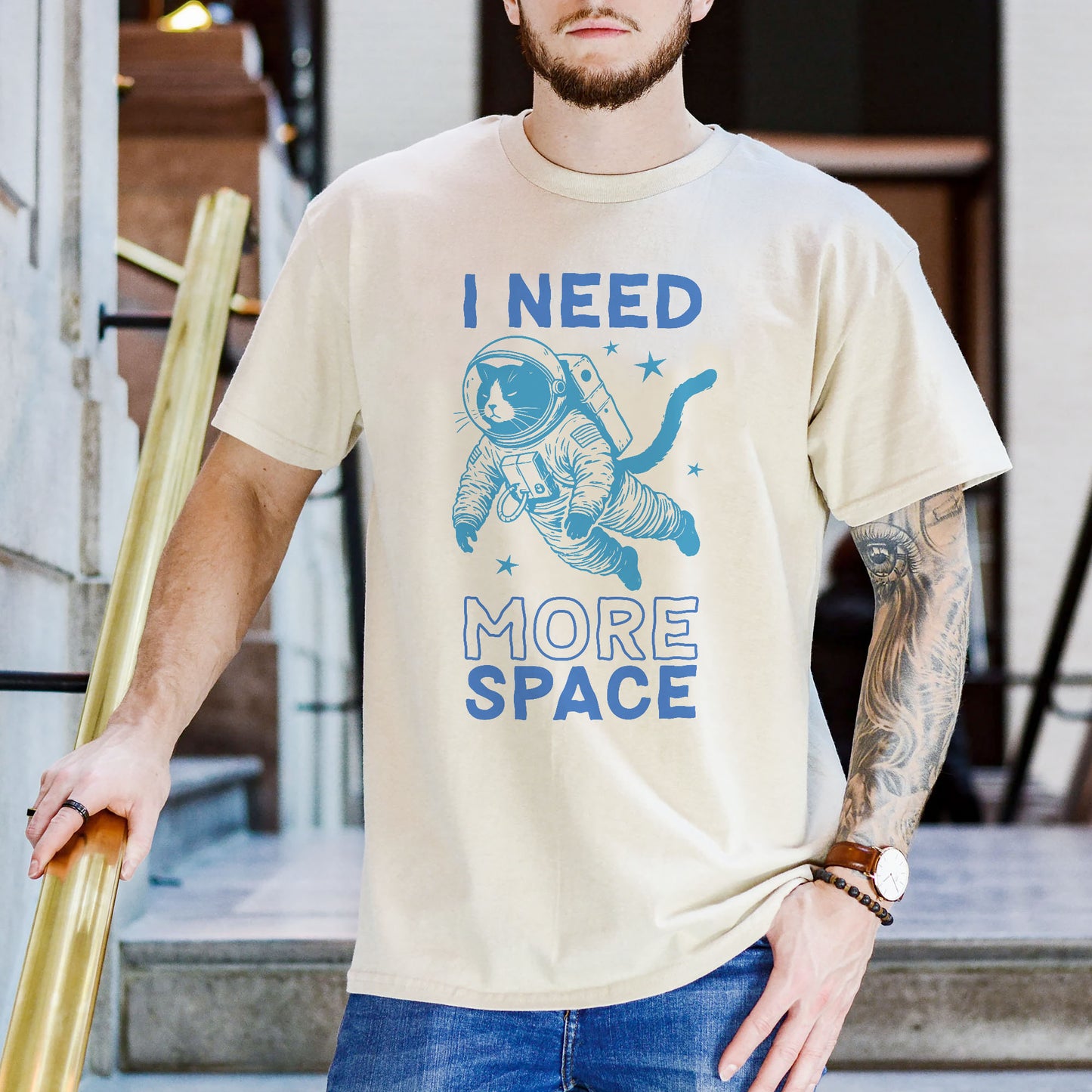 Funny Cat Shirt – I Need More Space – Sarcastic Introvert Meme Tee – Natural – Up To 5XL