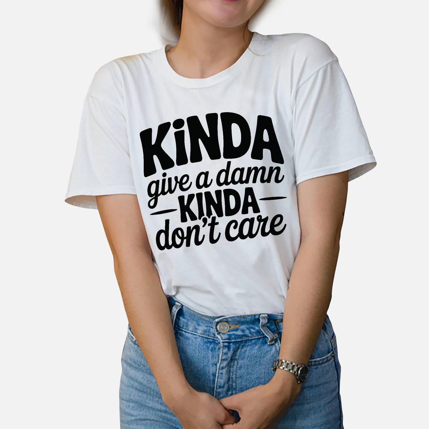 Inappropriate T-Shirt – Kinda Give a Damn Kinda Don’t Care – Sarcastic Shirt for Women - White - Up To 5XL