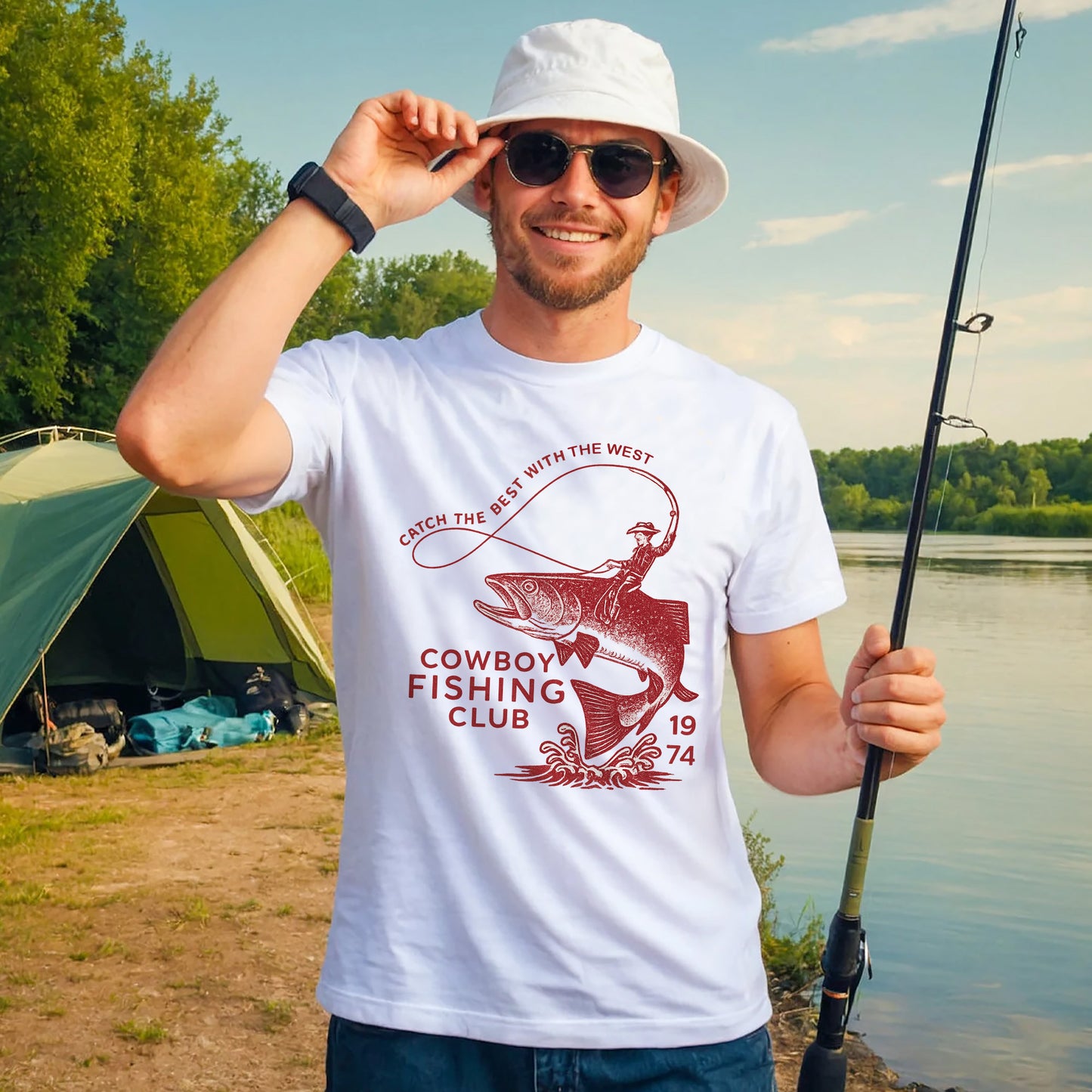 Western Fisherman Tee - Catch The Best With The West Cowboy Fishing Club 1974 Shirt – White – Up To 5XL