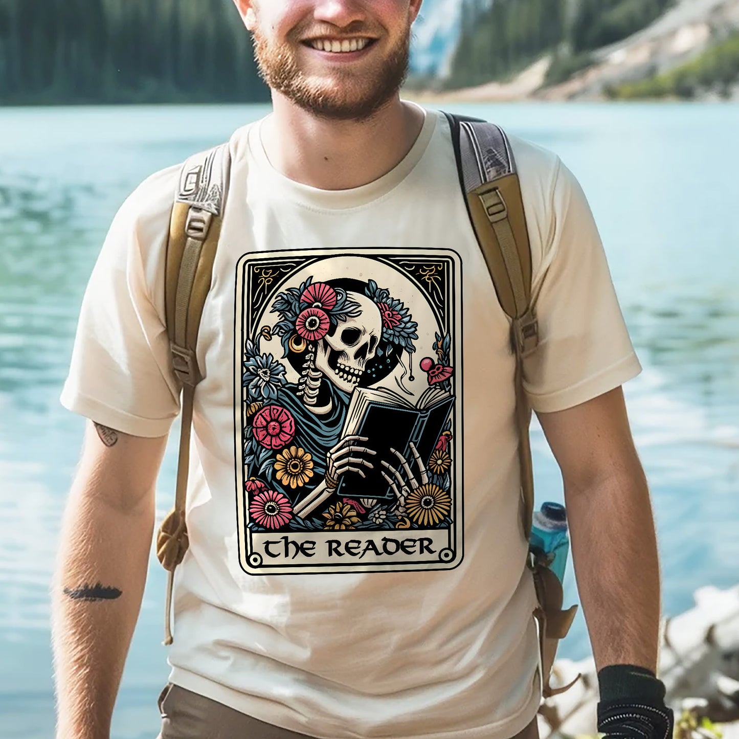 Skeleton Reading Tee – The Reader Card Shirt – Book Lover Gift – Natural – Up To 5XL