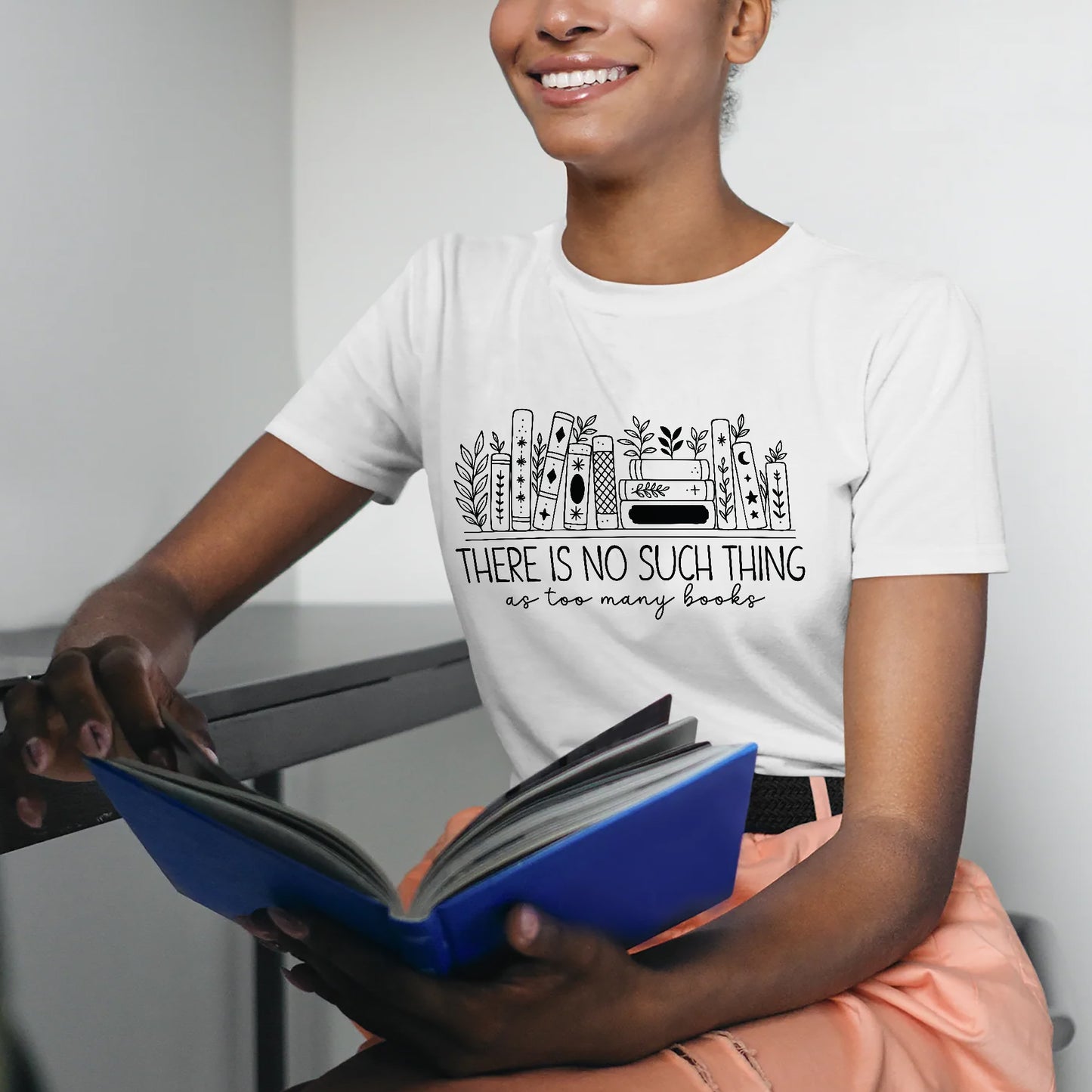 Floral Book Lovers Tee – Too Many Books Shirt – Funny Gift for Reader – White – Up To 5XL