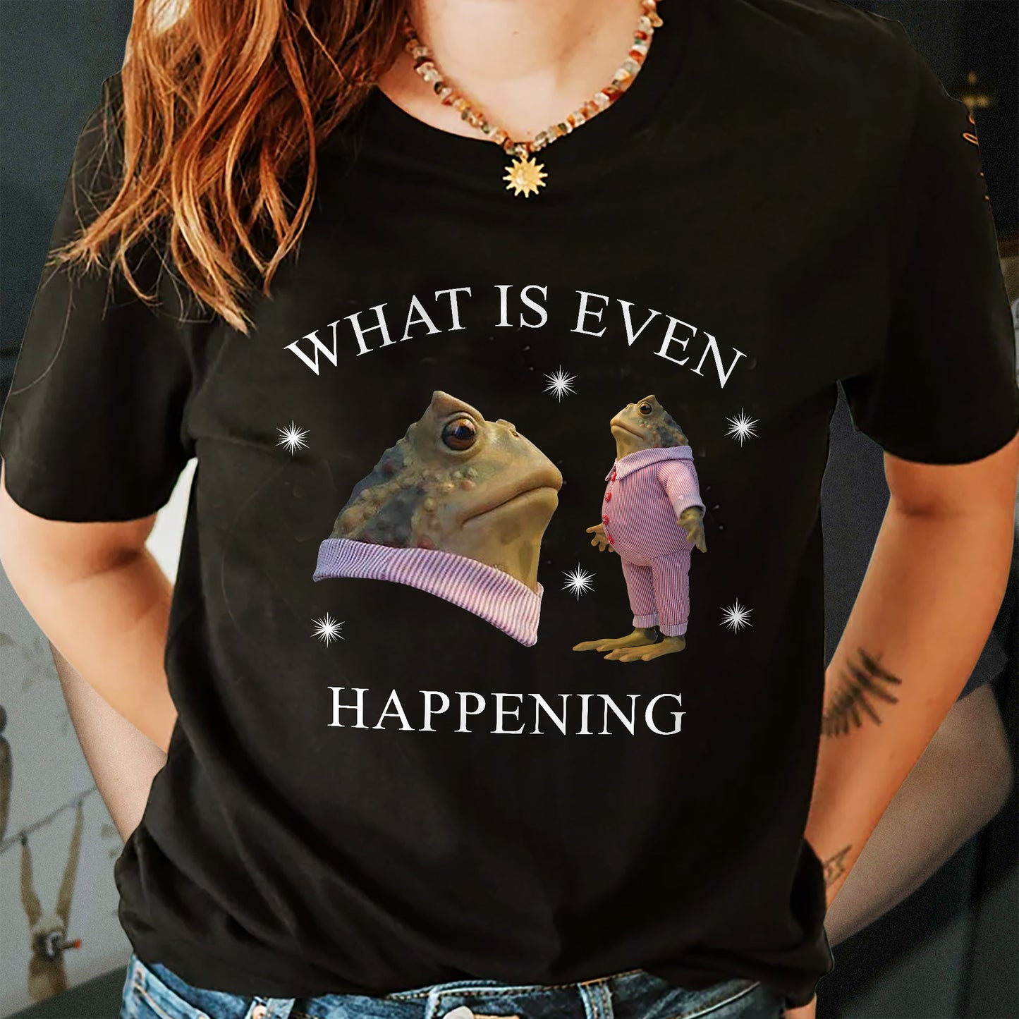 Funny Frog Shirt – What Is Even Happening – Absurd Meme Humor Tee – Black – Up To 5XL