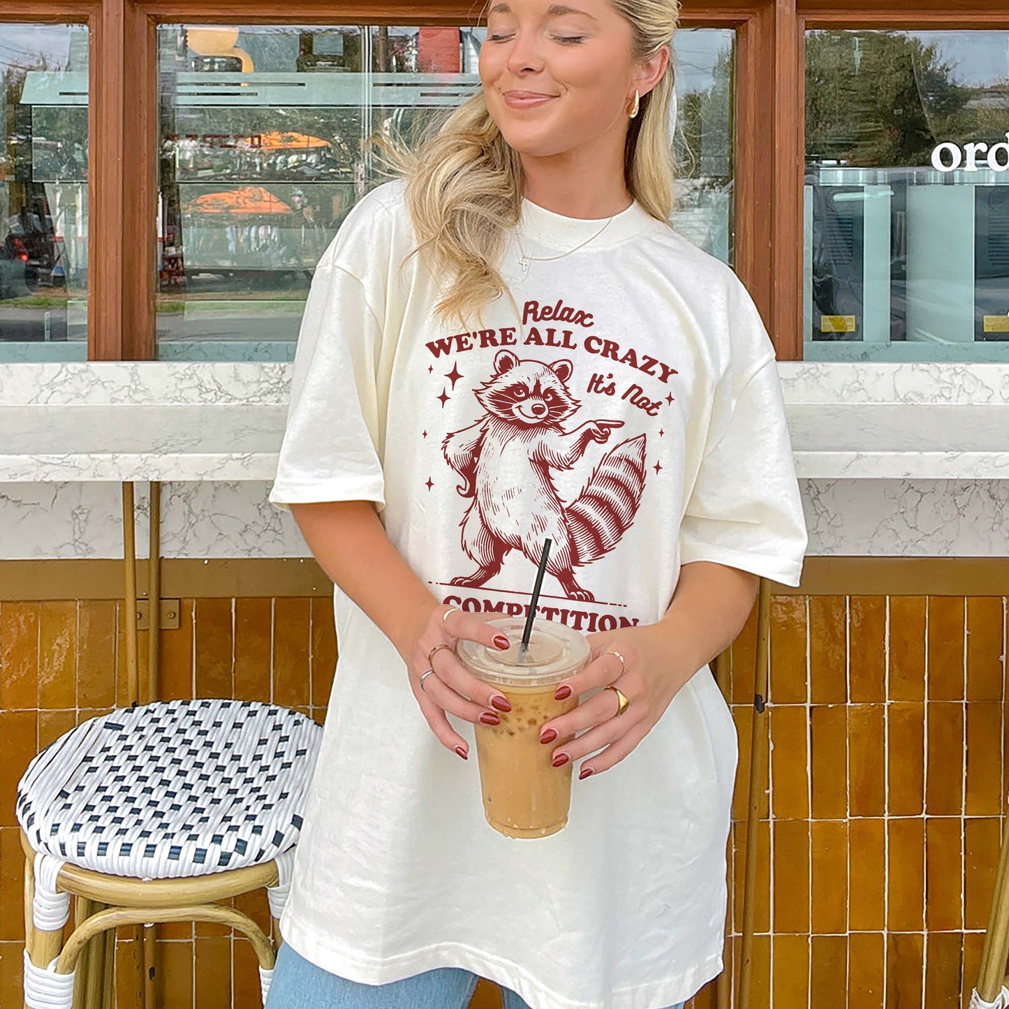 Vintage Sarcastic Humor Shirt for Women – We’re All Crazy Raccoon Tee – Natural - Up To 5XL