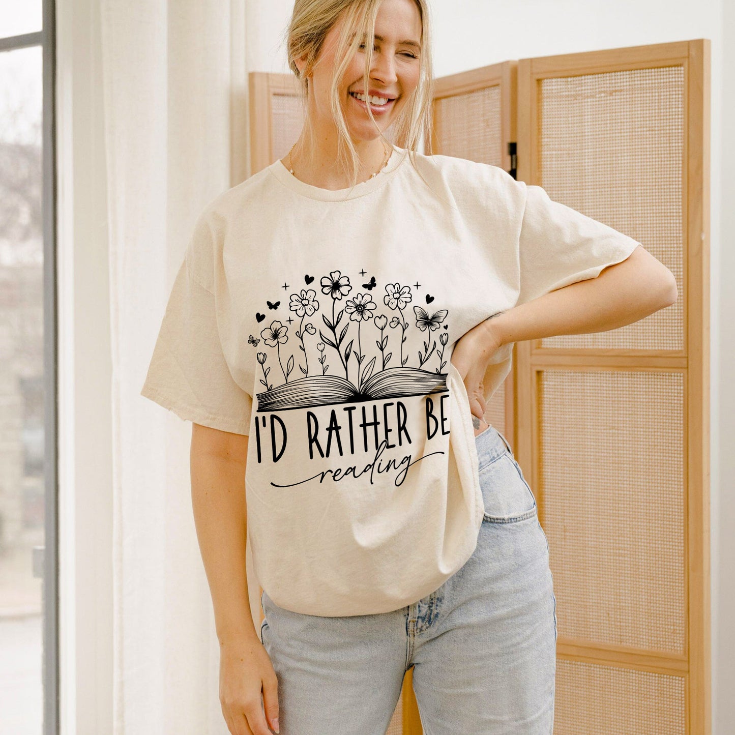 Vintage Bookish Shirt – I'd Rather Be Reading Floral Book Lover Tee – Natural – Up To 5XL
