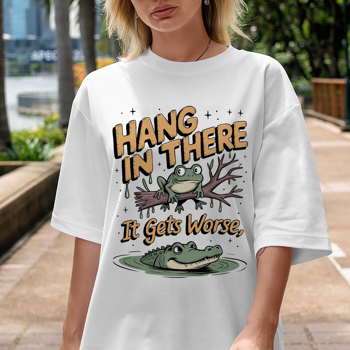 Funny Animal Shirt – Hang In There It Gets Worse – Frog and Alligator Meme Tee – White – Up To 5XL