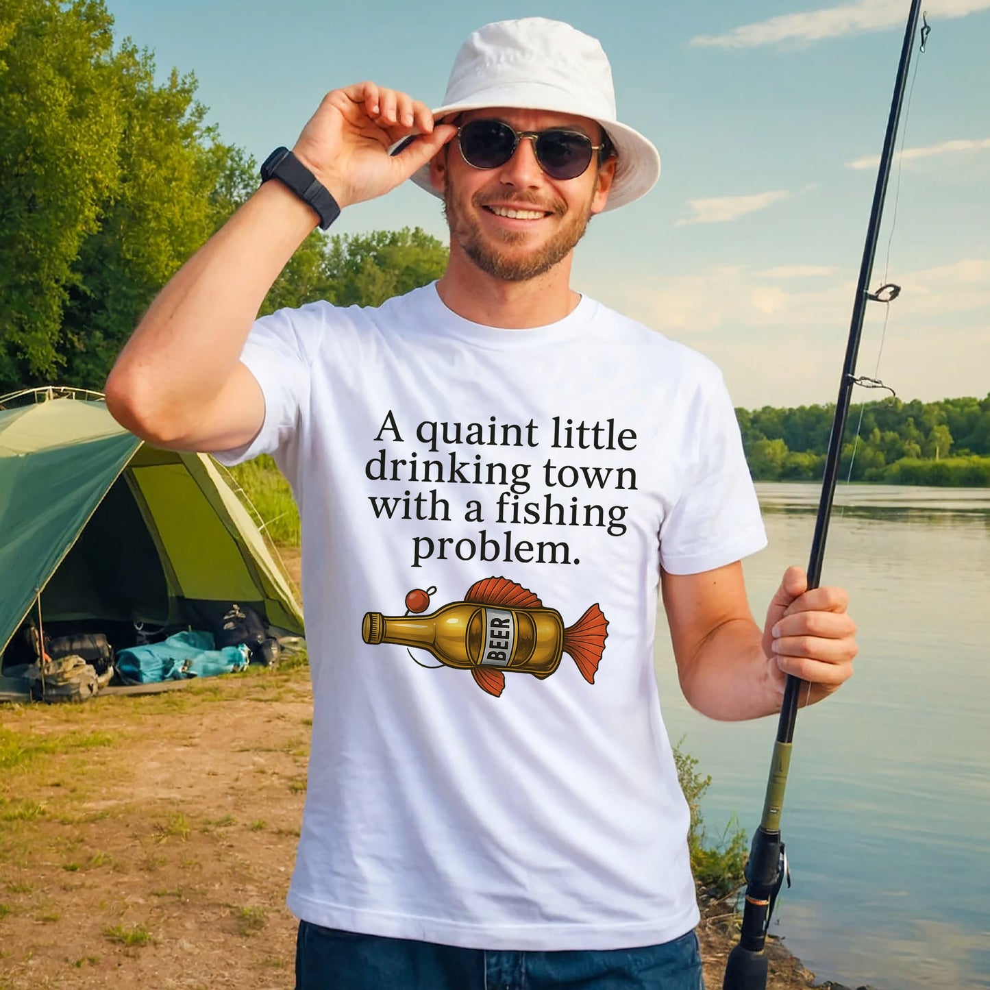 A Quaint Little Drinking Town With A Fishing Problem Shirt – Funny Fishing Tee – Fisherman Humor Gift – White – Up To 5XL