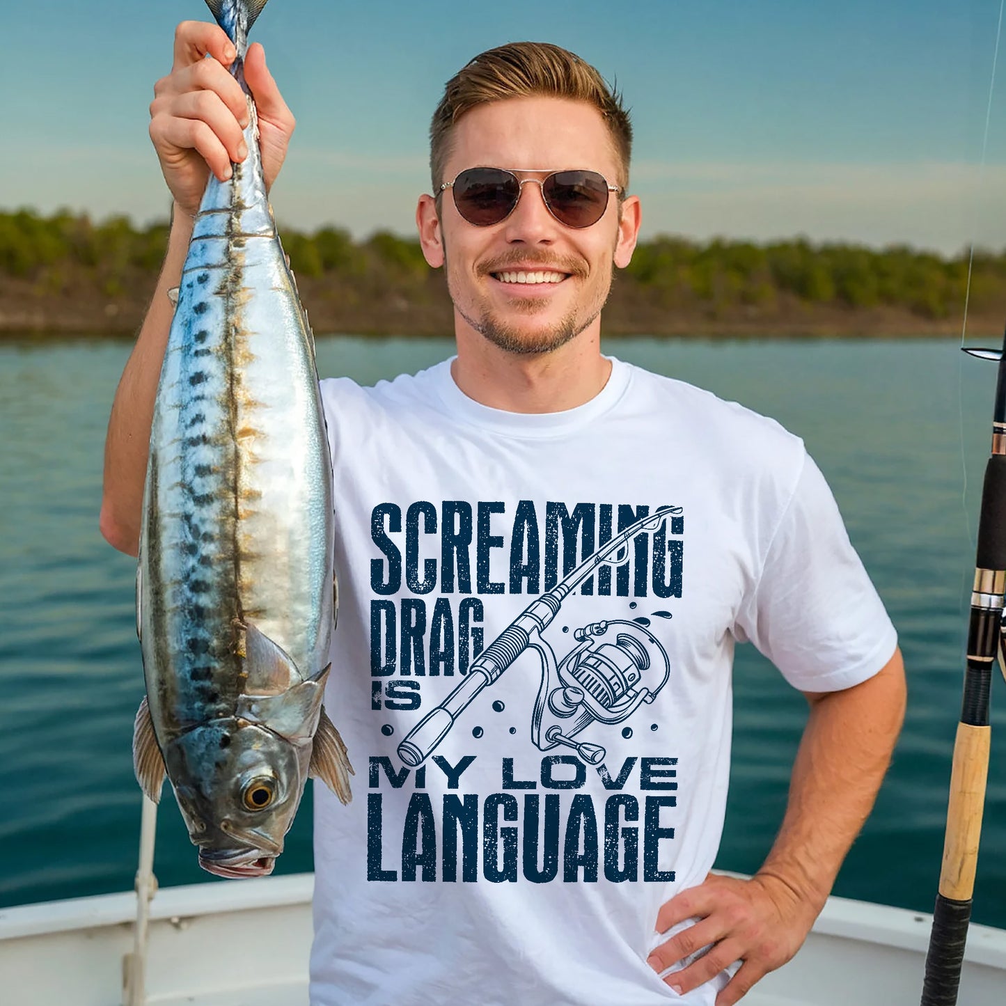 Funny Angler Shirt – Screaming Drag Is My Love Language Tee – Fishing Gift for Fishermen – White – Up To 5XL