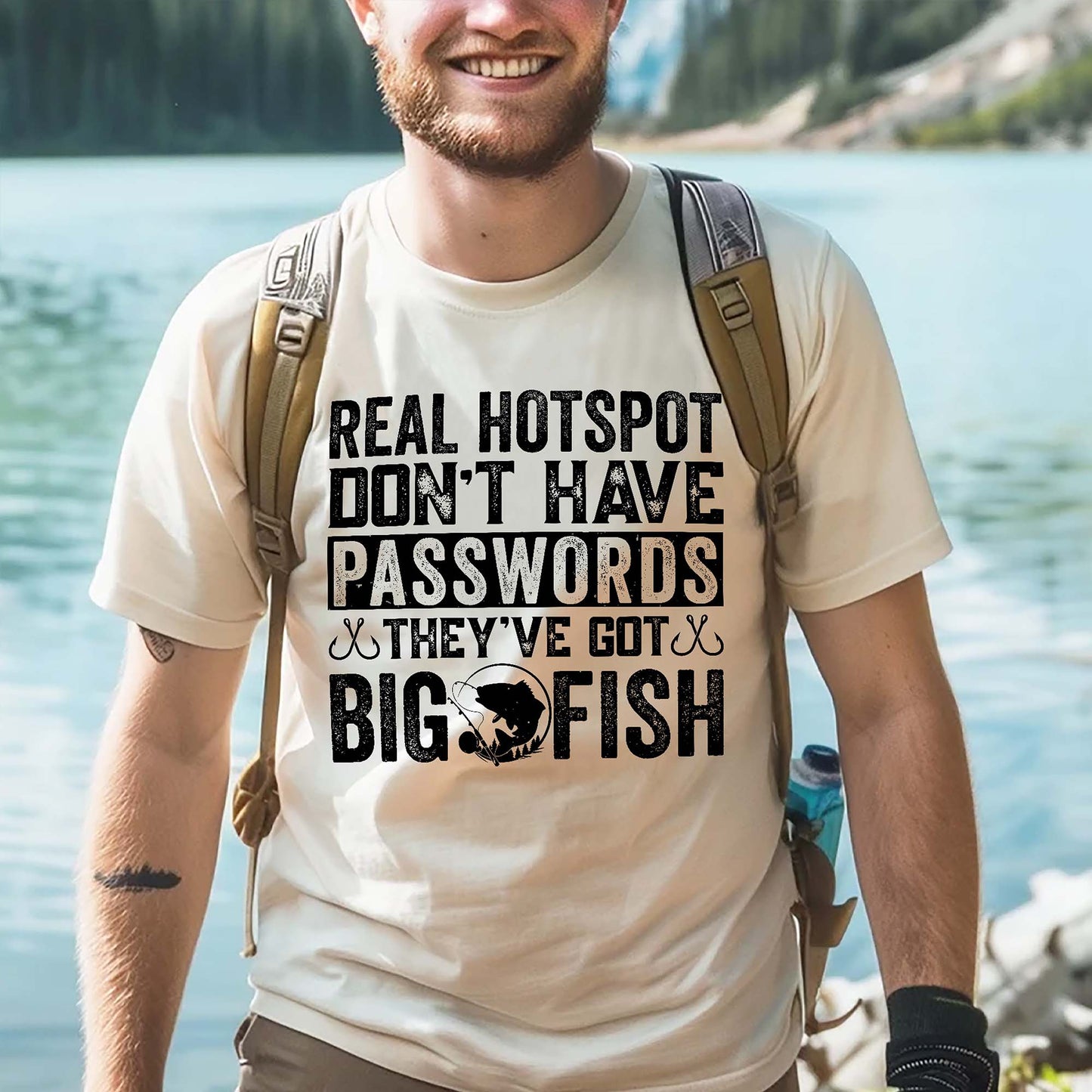 Funny Fishing Shirt – Real Hotspots Don't Have Passwords Big Fish Tee – Outdoors Fisherman Gift – Natural – Up To 5XL