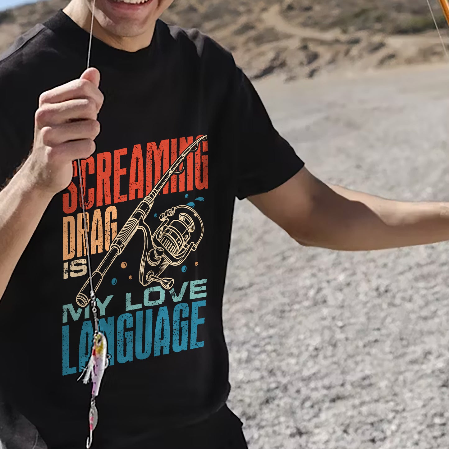 Funny Angler Shirt – Screaming Drag Is My Love Language Tee – Fishing Gift for Fishermen – Black – Up To 5XL