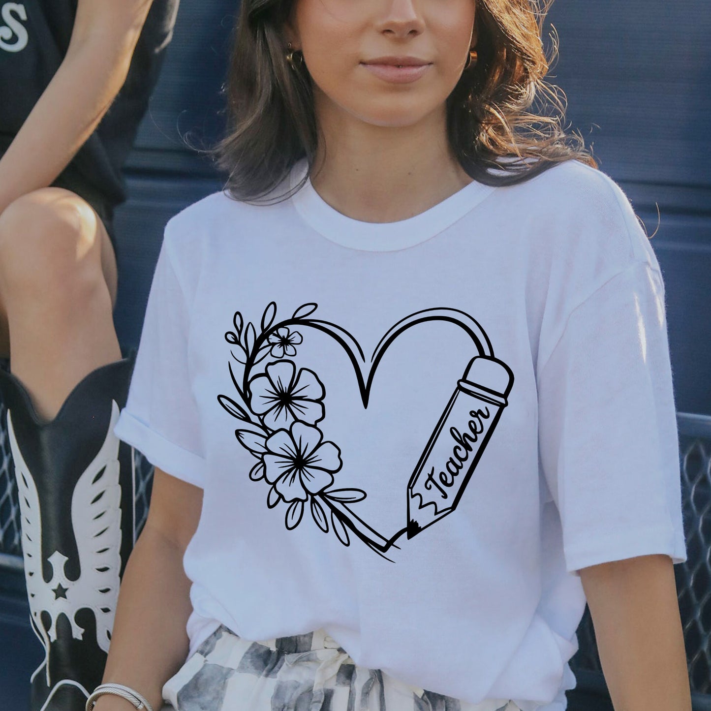 Teacher Floral Heart and Pencil T-Shirt - Funny Shirt For Teacher - White- Up To 5XL
