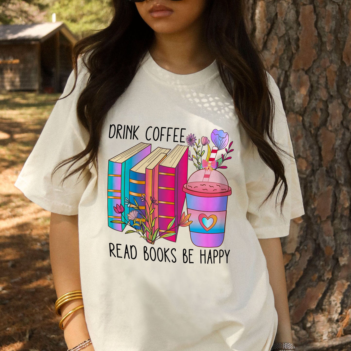 Book Lover Shirt – Drink Coffee Read Books Be Happy Tee – Coffee & Reading Aesthetic – Natural – Up To 5XL