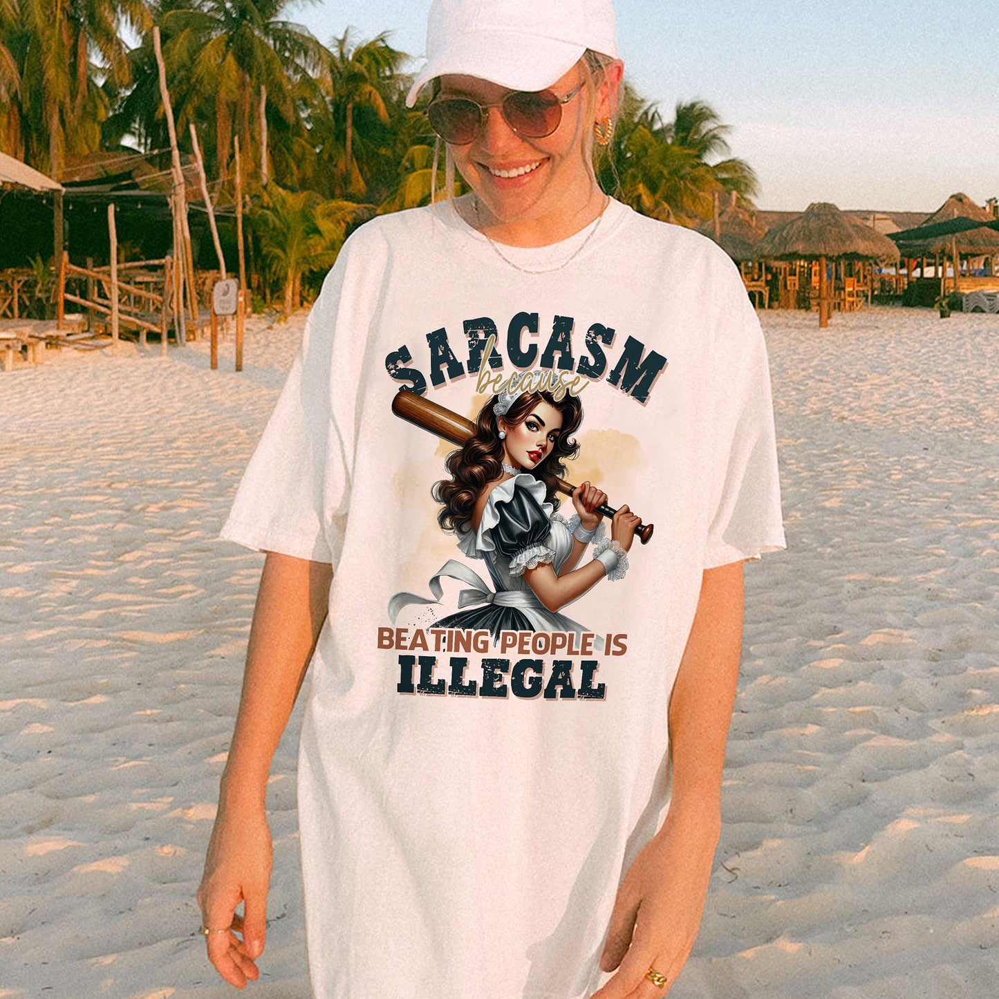 Sarcasm Because Beating People Is Illegal T-Shirt – Funny Edgy Graphic Tee – White – Sizes Up to 5XL