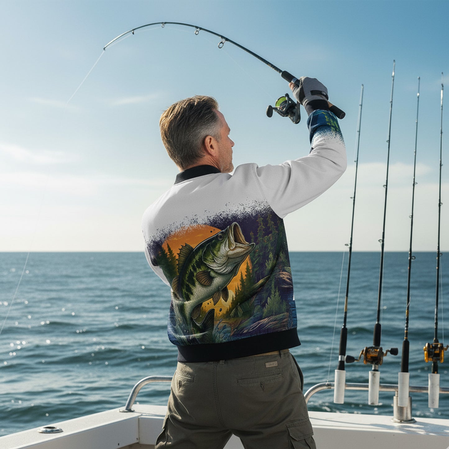 Largemouth Bass Bomber Jacket – Sunrise Fishing Edition | White & Blue Outdoor Fisherman Jacket for Men