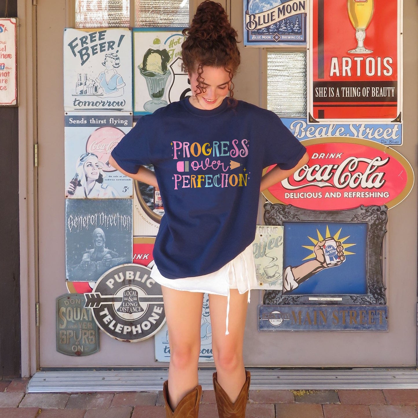 Progress Over Perfection T-Shirt - Funny Shirt For Teacher - Navy - Up To 5XL