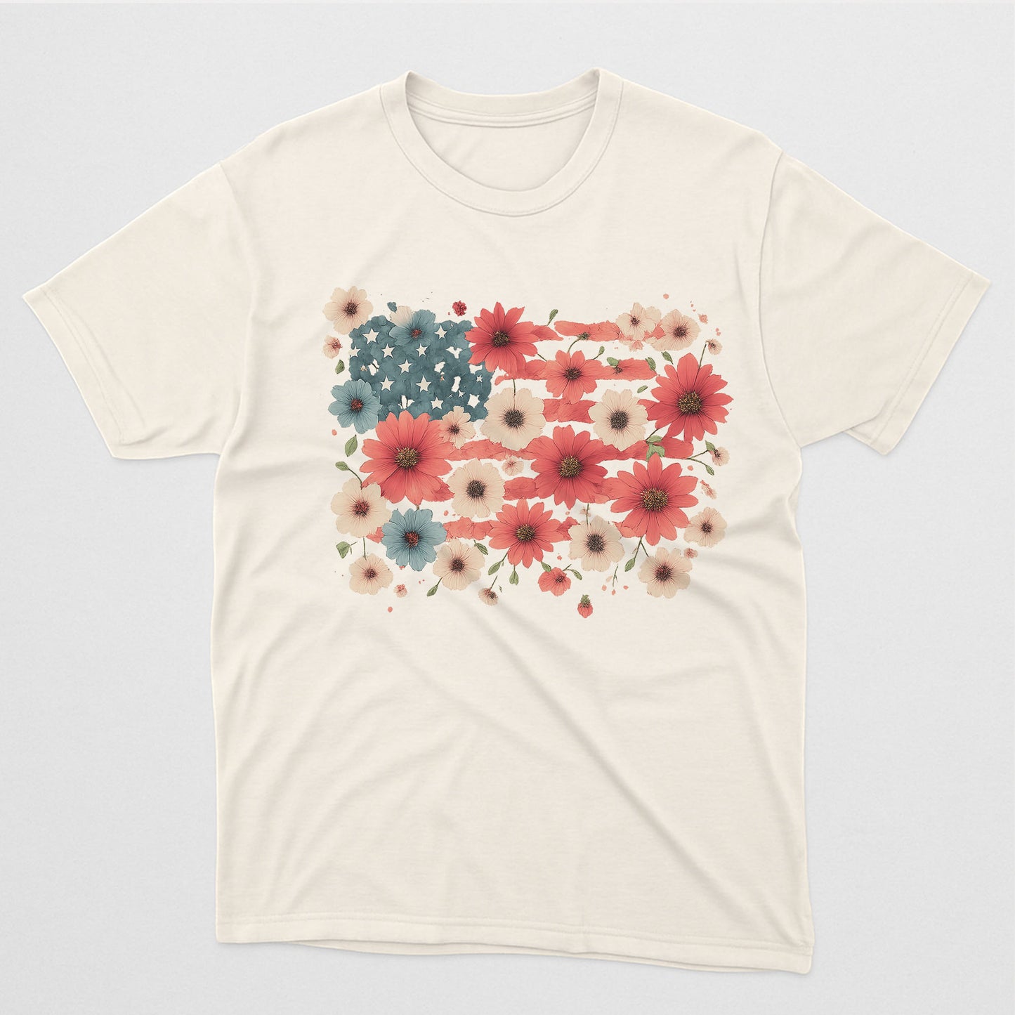 Floral American Flag Shirt – Boho Happy 4th of July Patriotic T-Shirt – Natural Tee - Up To 5X
