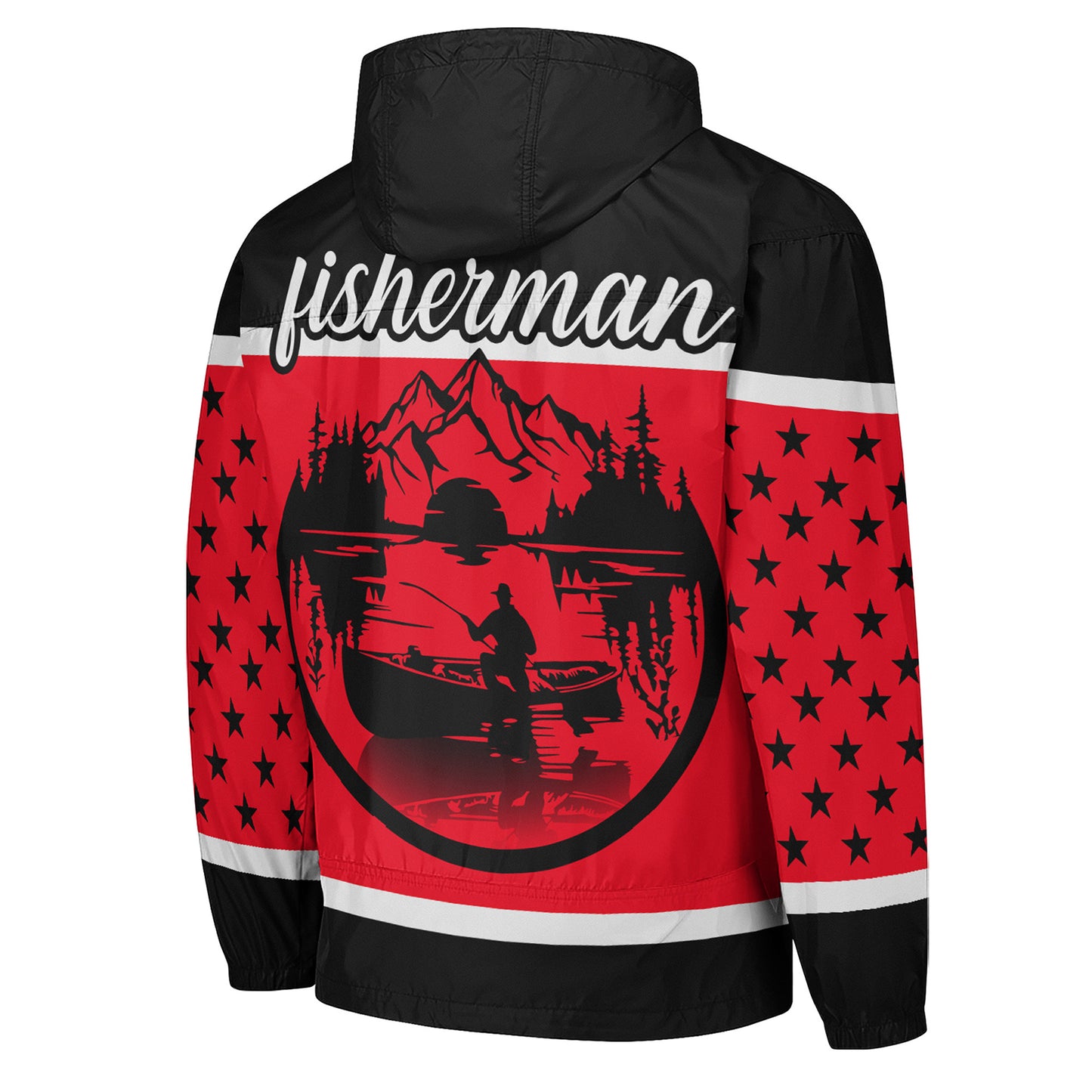 American Fishing Club Windbreaker Jacket – Red & Black Fisherman Edition | Lightweight Hooded Outdoor Jacket for Men