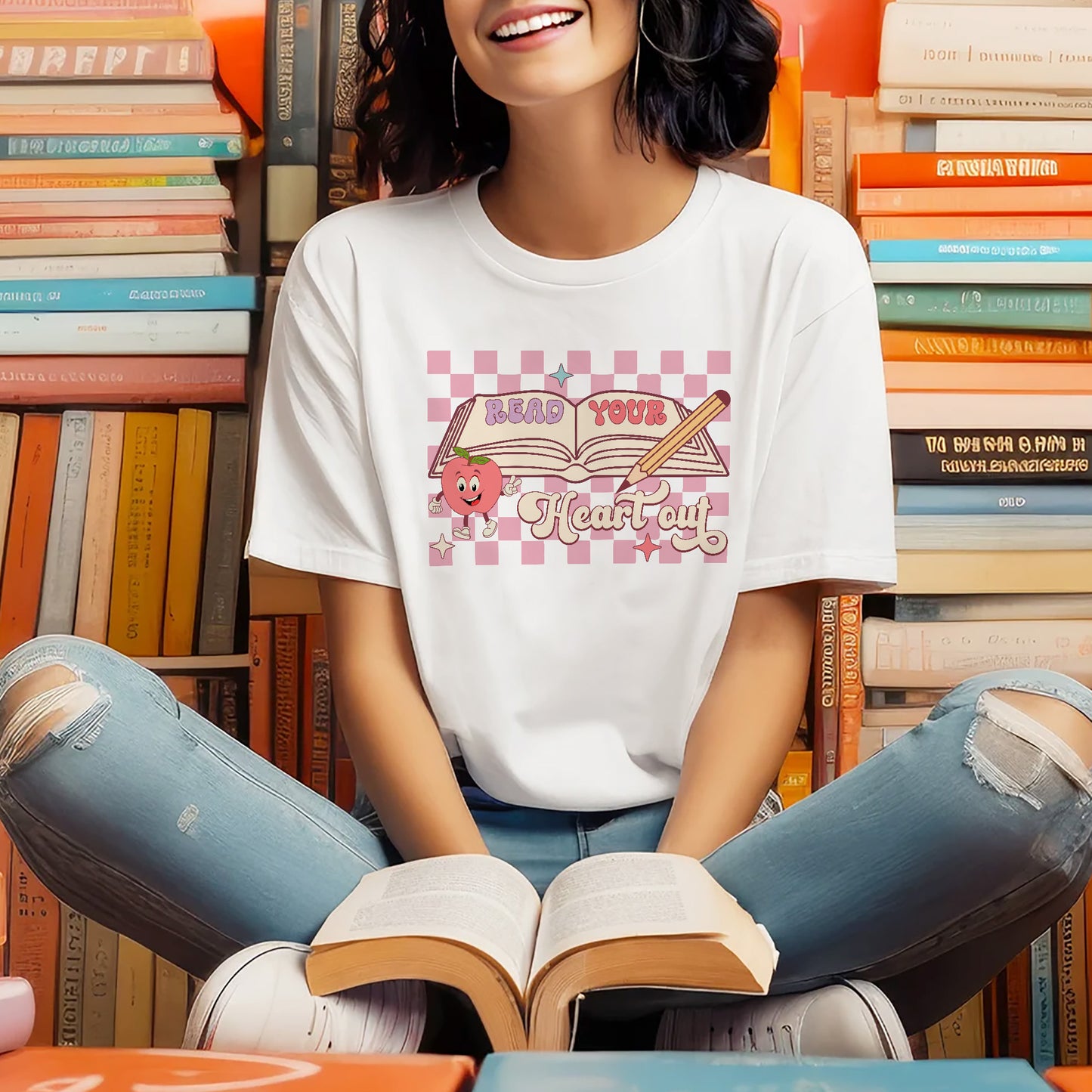 Book Lover Shirt – Read Your Heart Out Retro Tee – Vintage Bookish Design – White – Up To 5XL