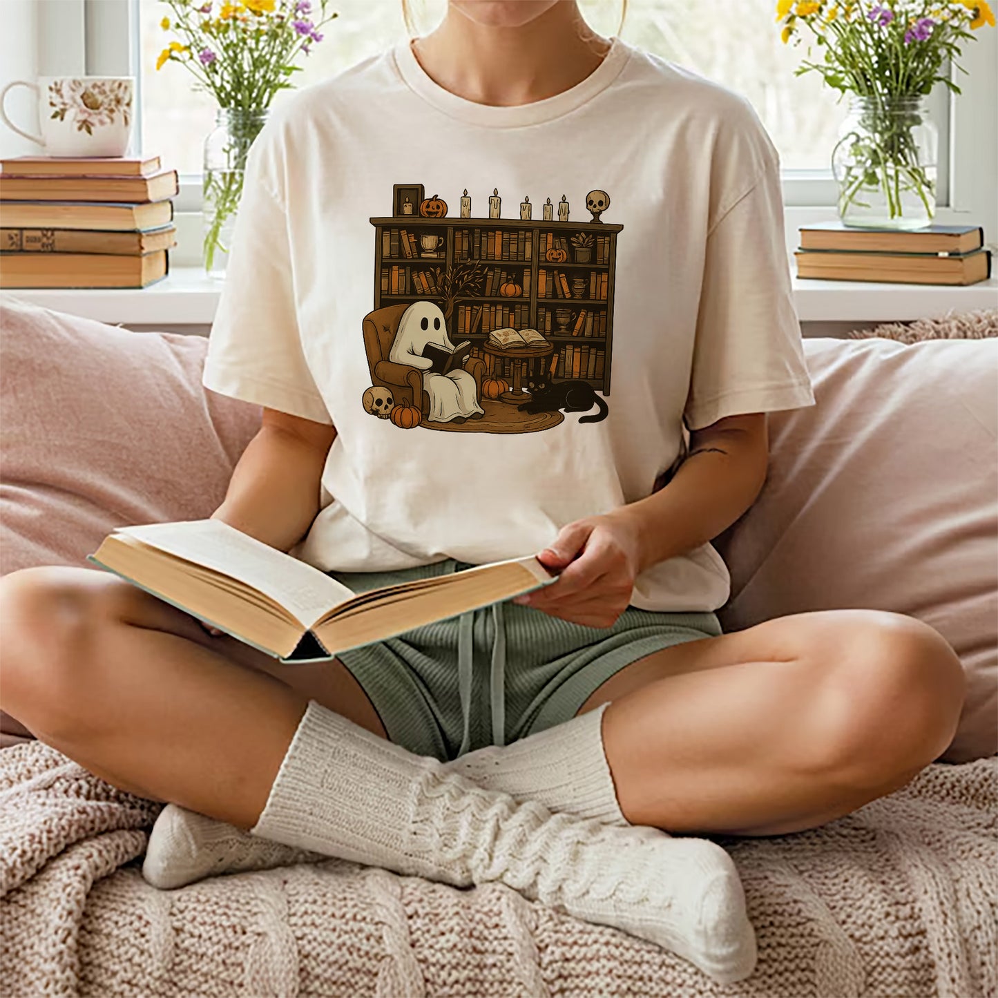 Cute Spooky Reader Tee – Ghost Book Halloween Shirt – Natural – Up To 5XL