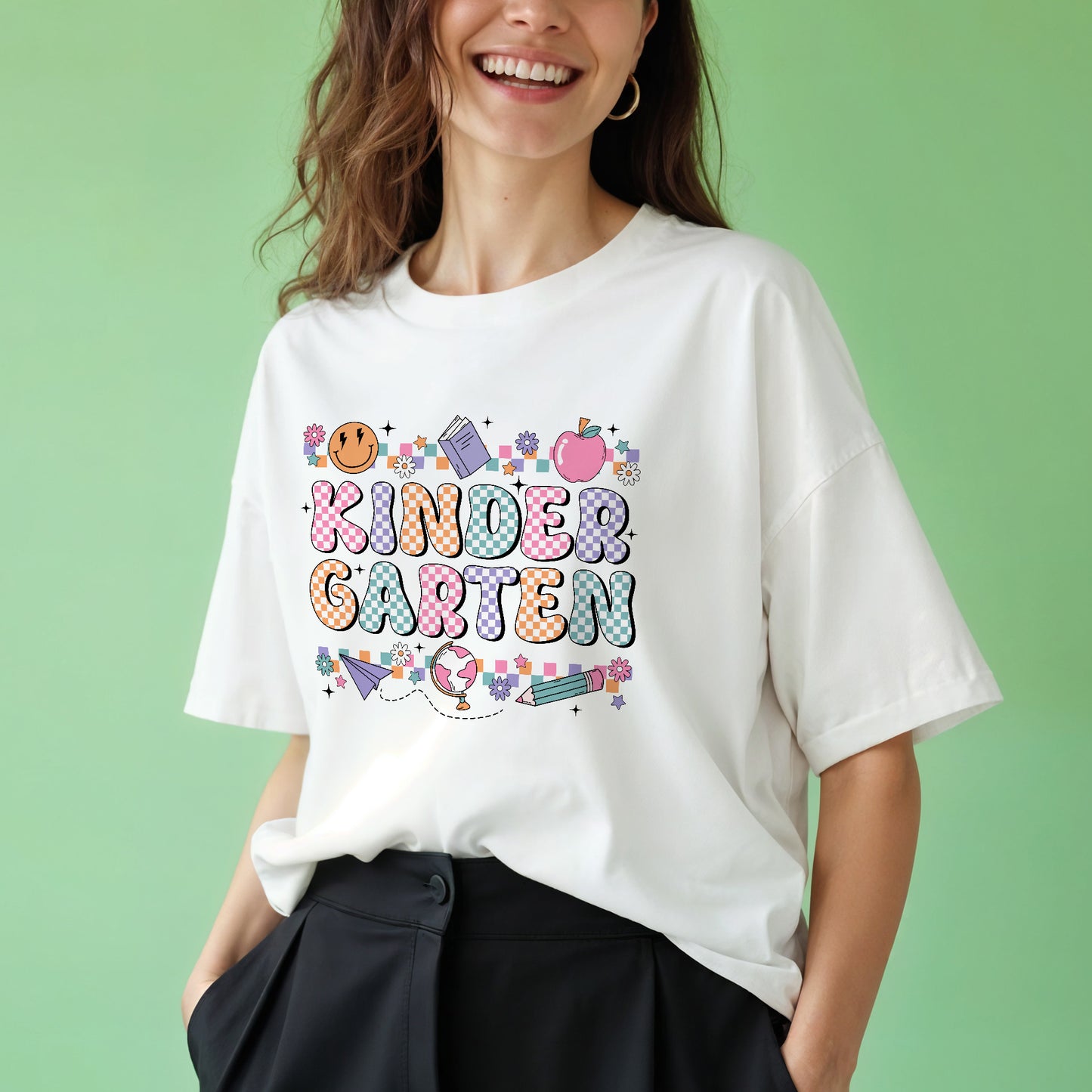 Retro Kindergarten Shirt – Checkered Back To School Tee – White – Up To 5XL