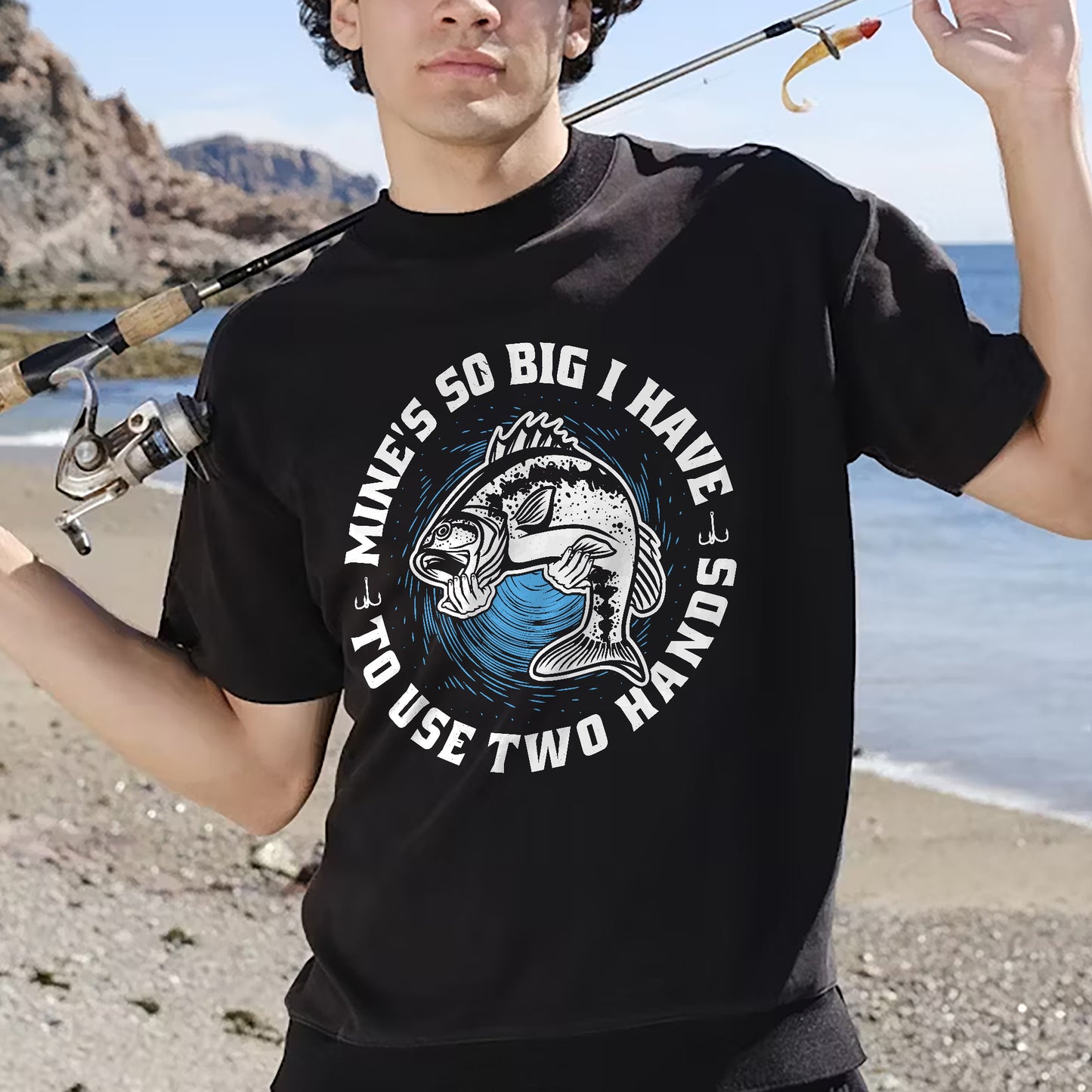 Mines So Big I Have To Use Two Hands Shirt – Funny Fishing Tee – Humorous Angler Gift – Black – Up To 5XL