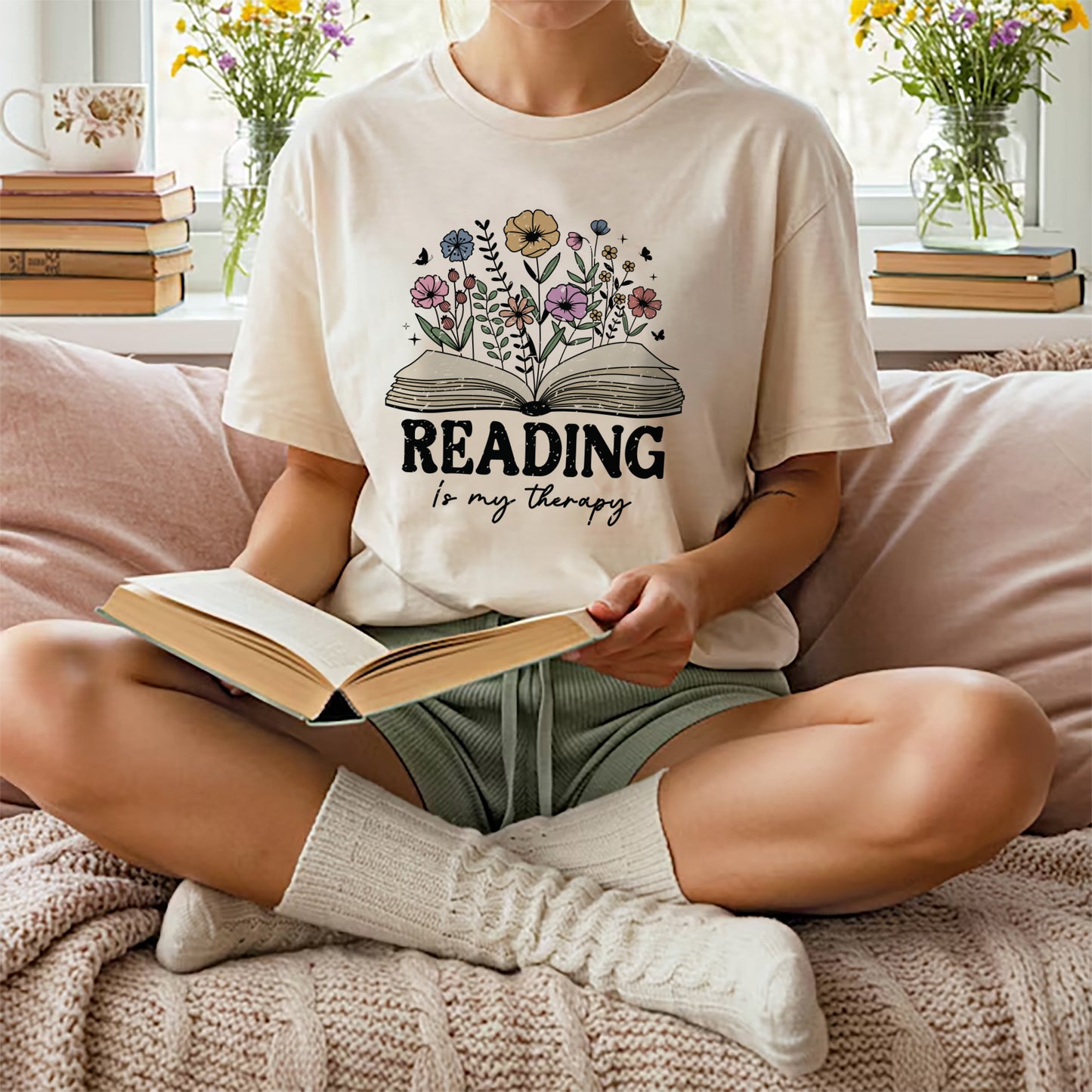 Book Lover Shirt – Reading Is My Therapy Book Flowers Tee – Funny Reader Gift – Natural – Up To 5XL