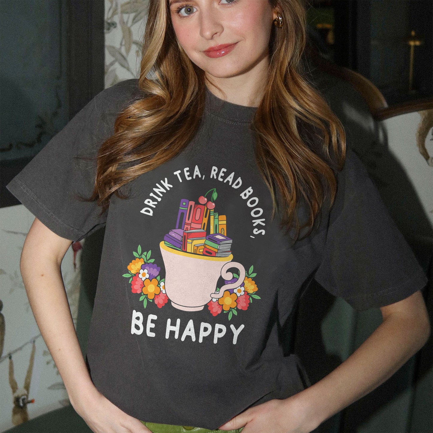 Book Lover Tee – Drink Coffee Read Books Be Happy Flowers Shirt – Black – Up To 5XL