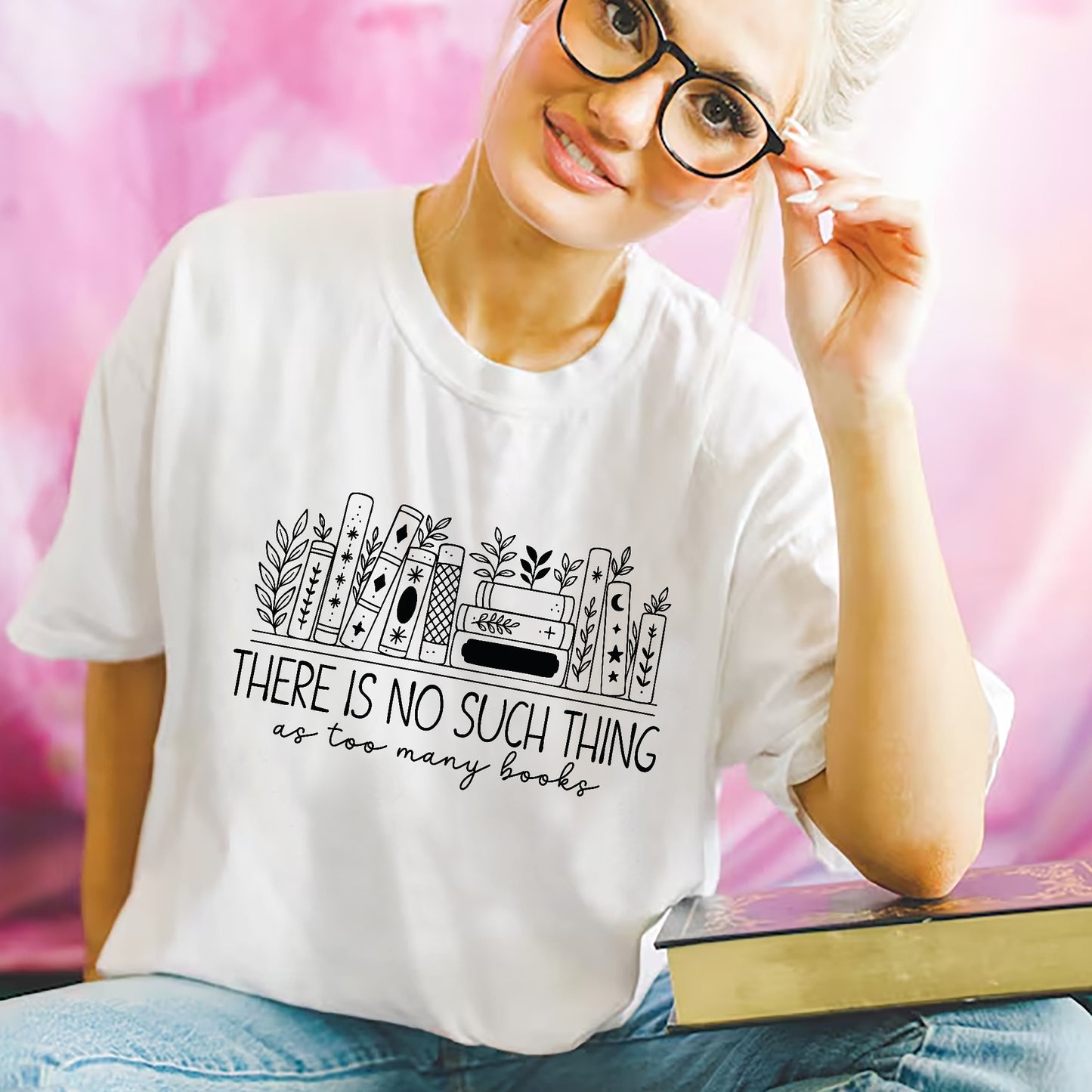 Floral Book Lovers Tee – Too Many Books Shirt – Funny Gift for Reader – White – Up To 5XL
