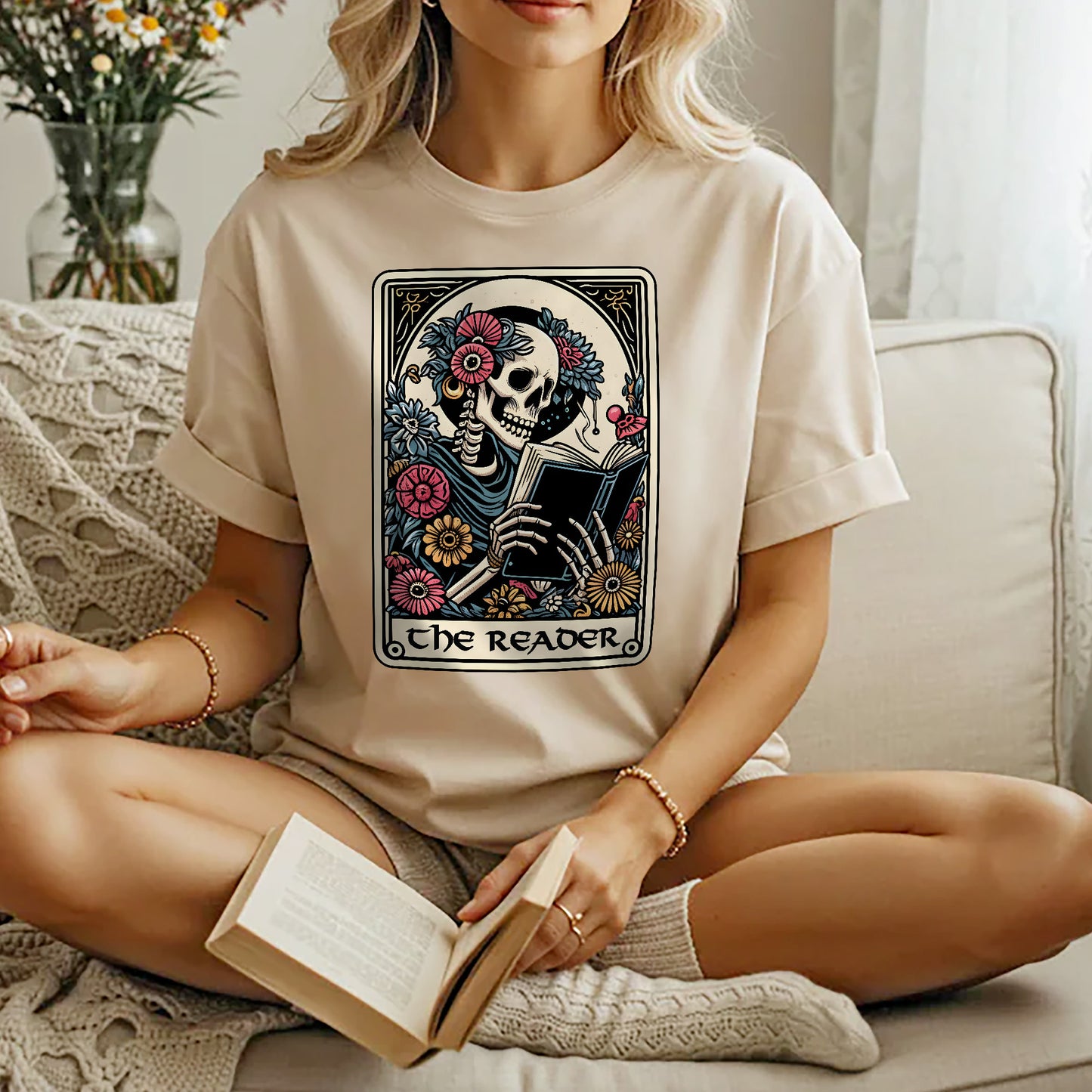 Skeleton Reading Tee – The Reader Card Shirt – Book Lover Gift – Natural – Up To 5XL